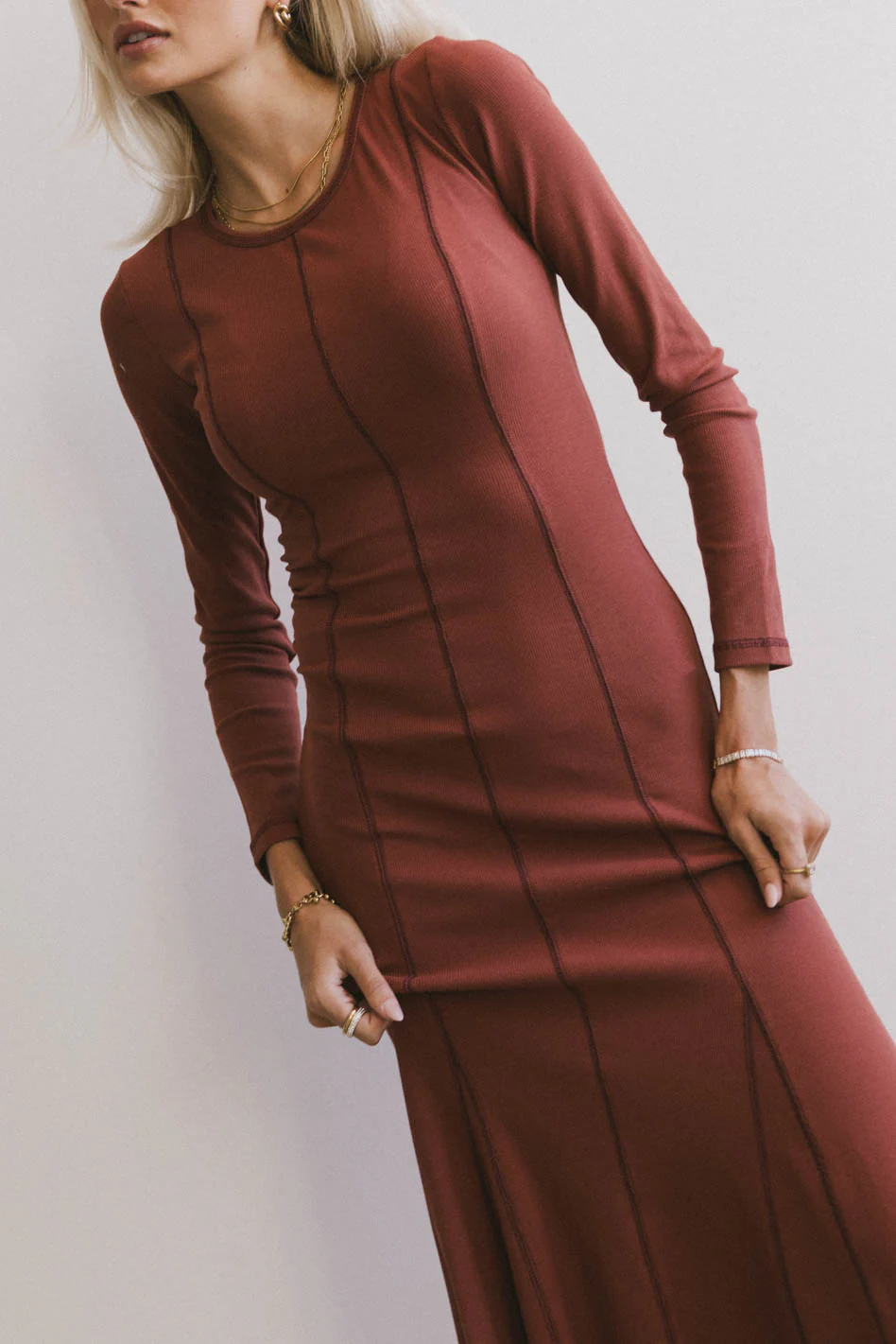 Fiona Ribbed Godet Dress in Rust - FINAL SALE - Image 4