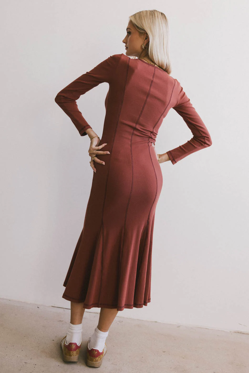Fiona Ribbed Godet Dress in Rust - FINAL SALE - Image 5