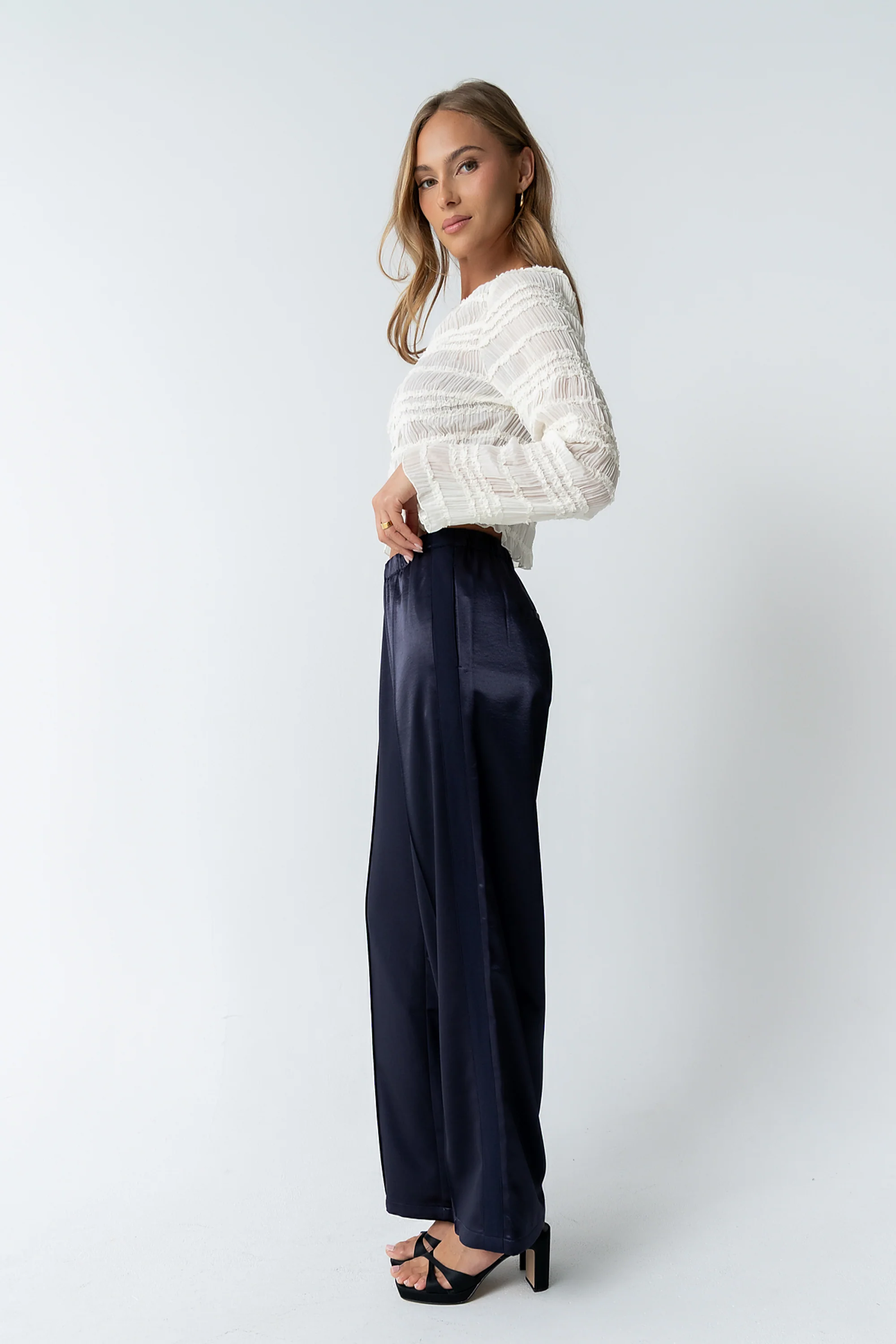 Gemma Satin Wide Leg Pants in Navy - FINAL SALE - Image 2