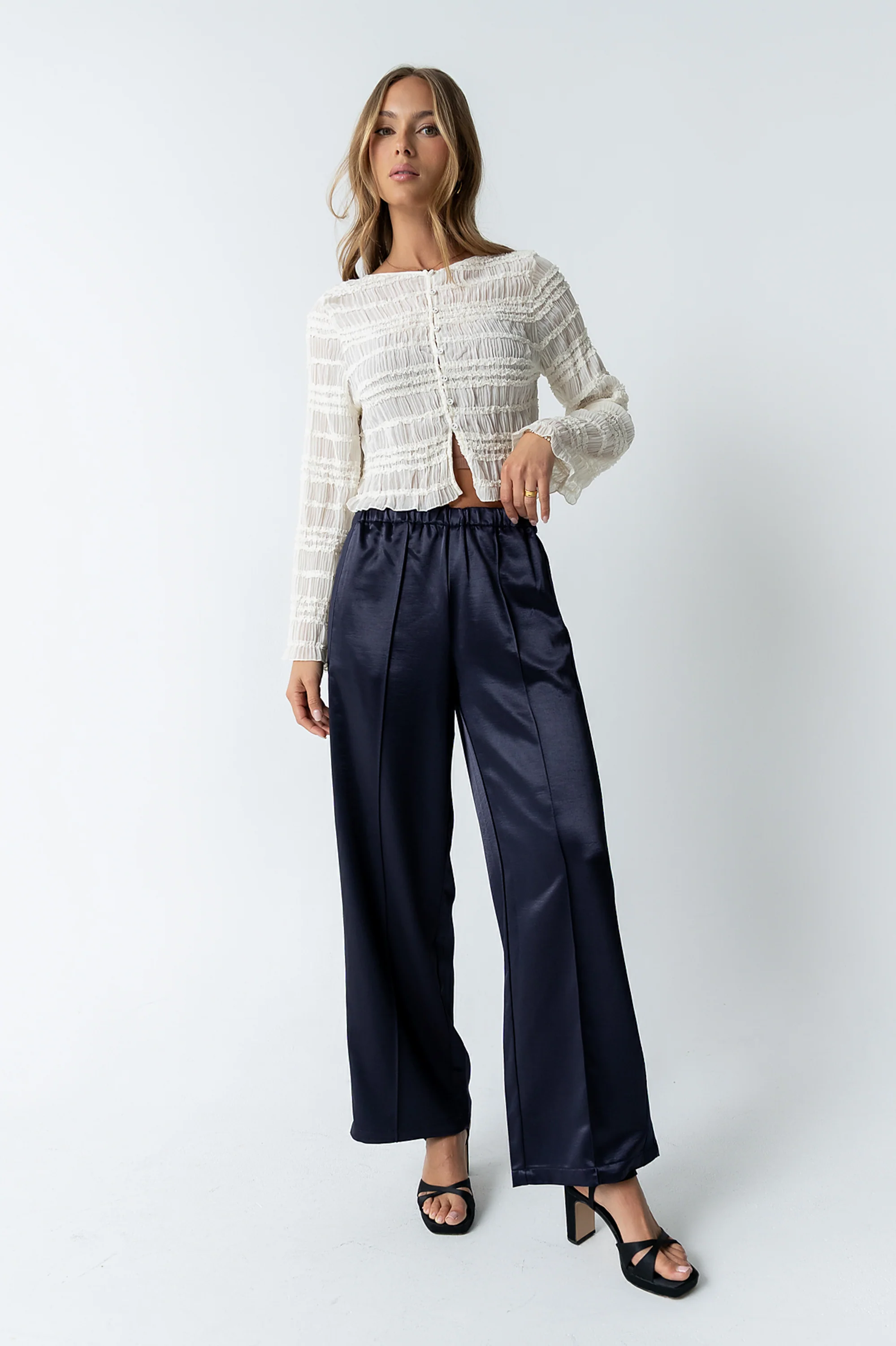 Gemma Satin Wide Leg Pants in Navy - FINAL SALE - Image 5