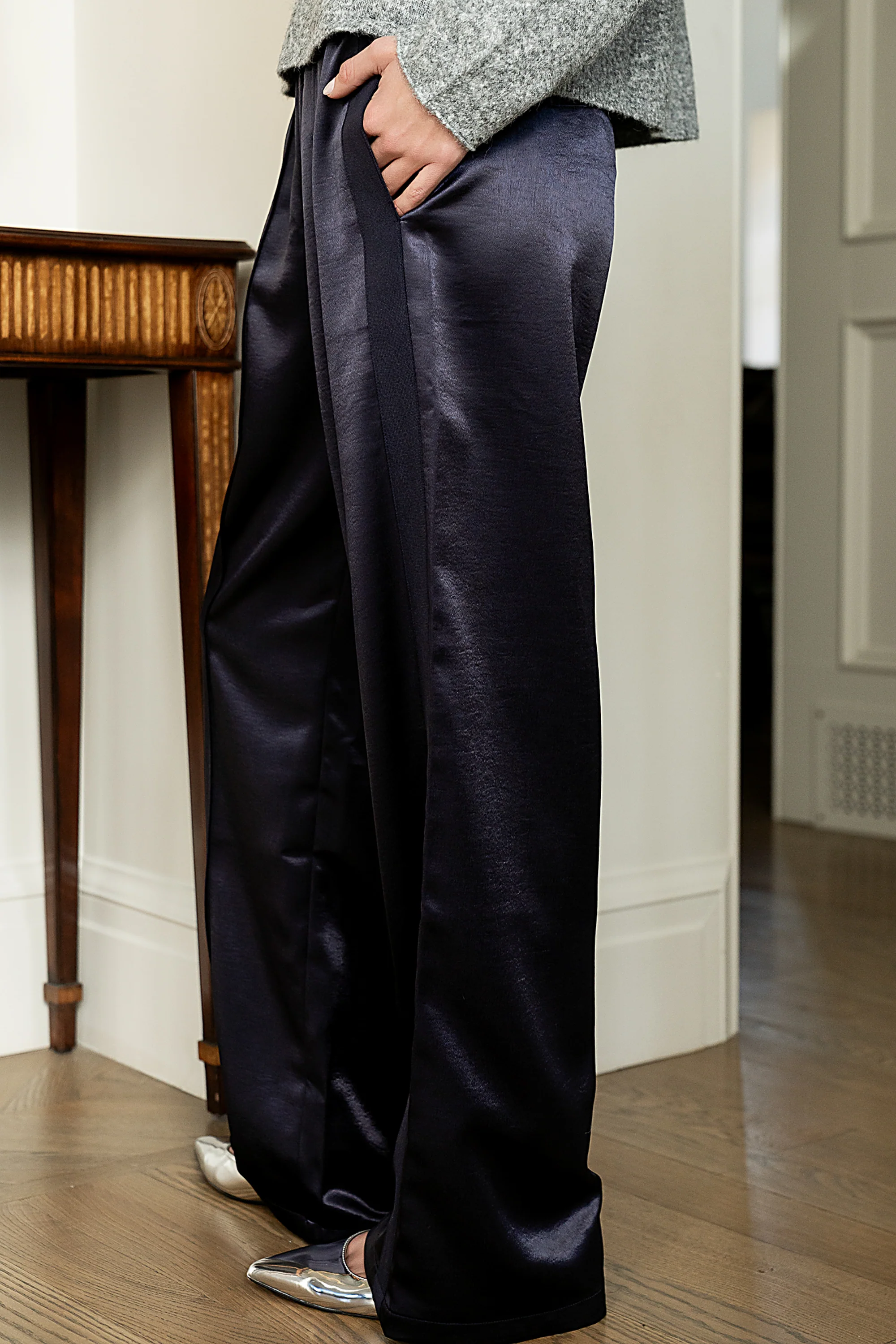 Gemma Satin Wide Leg Pants in Navy - FINAL SALE - Image 8
