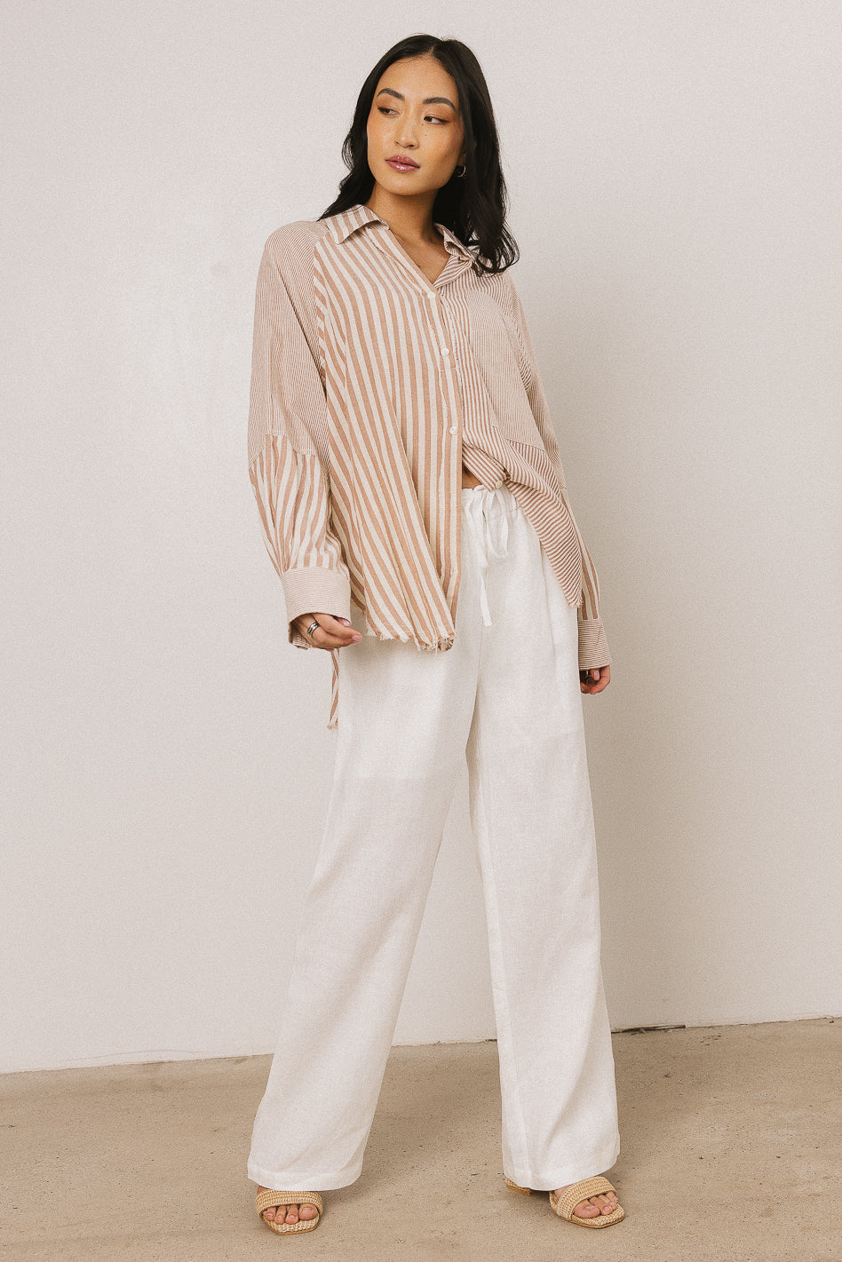 Gia Striped Button Up in Taupe - FINAL SALE - Image 2
