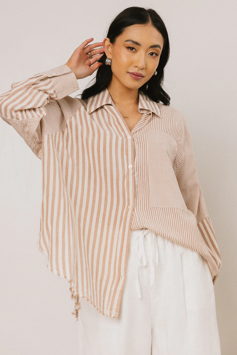 Gia Striped Button Up in Taupe - FINAL SALE - Image 4