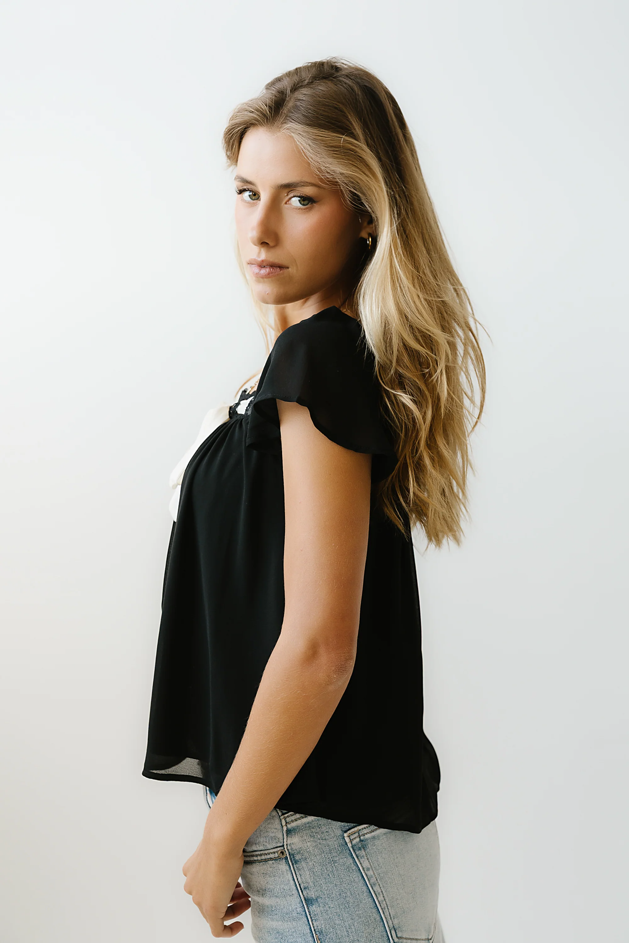 Gianna Lace Trim Blouse in Black - Image 3