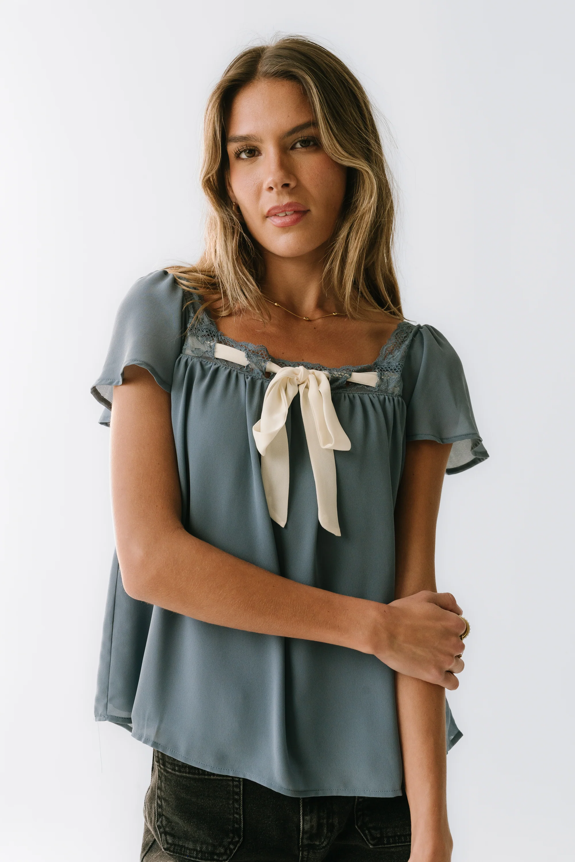Gianna Lace Trim Blouse in Blue - FINAL SALE