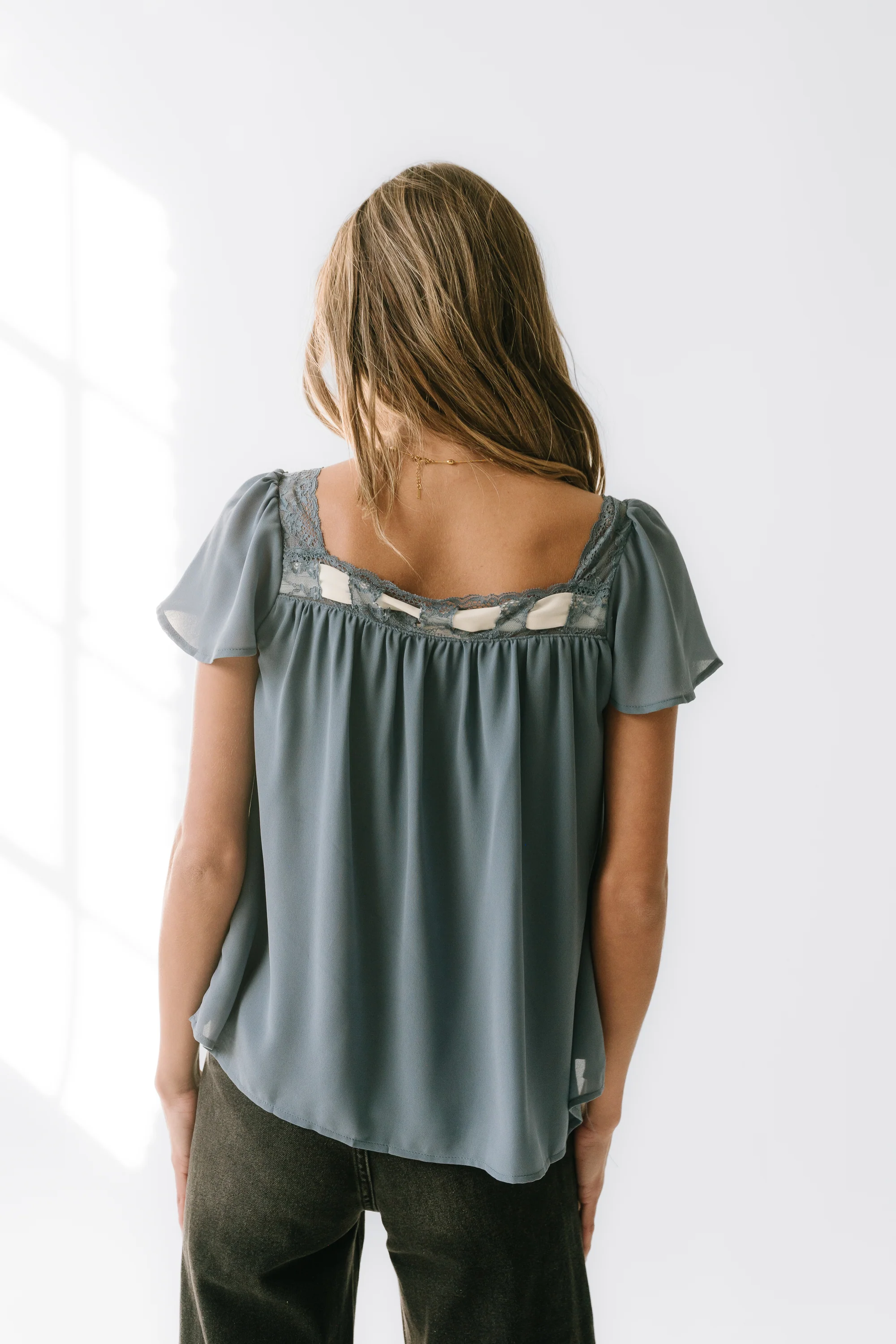 Gianna Lace Trim Blouse in Blue - FINAL SALE - Image 3