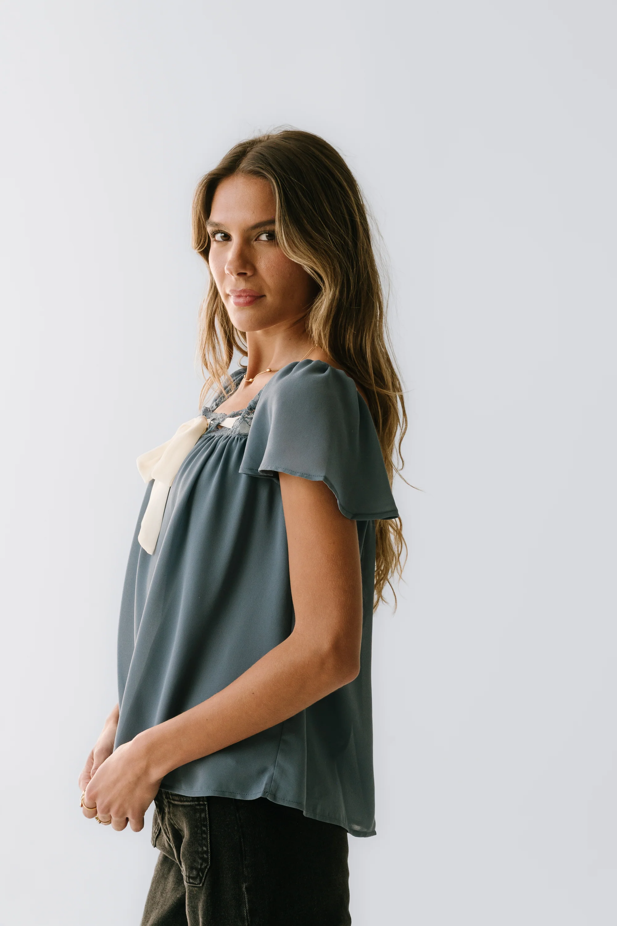 Gianna Lace Trim Blouse in Blue - FINAL SALE - Image 4