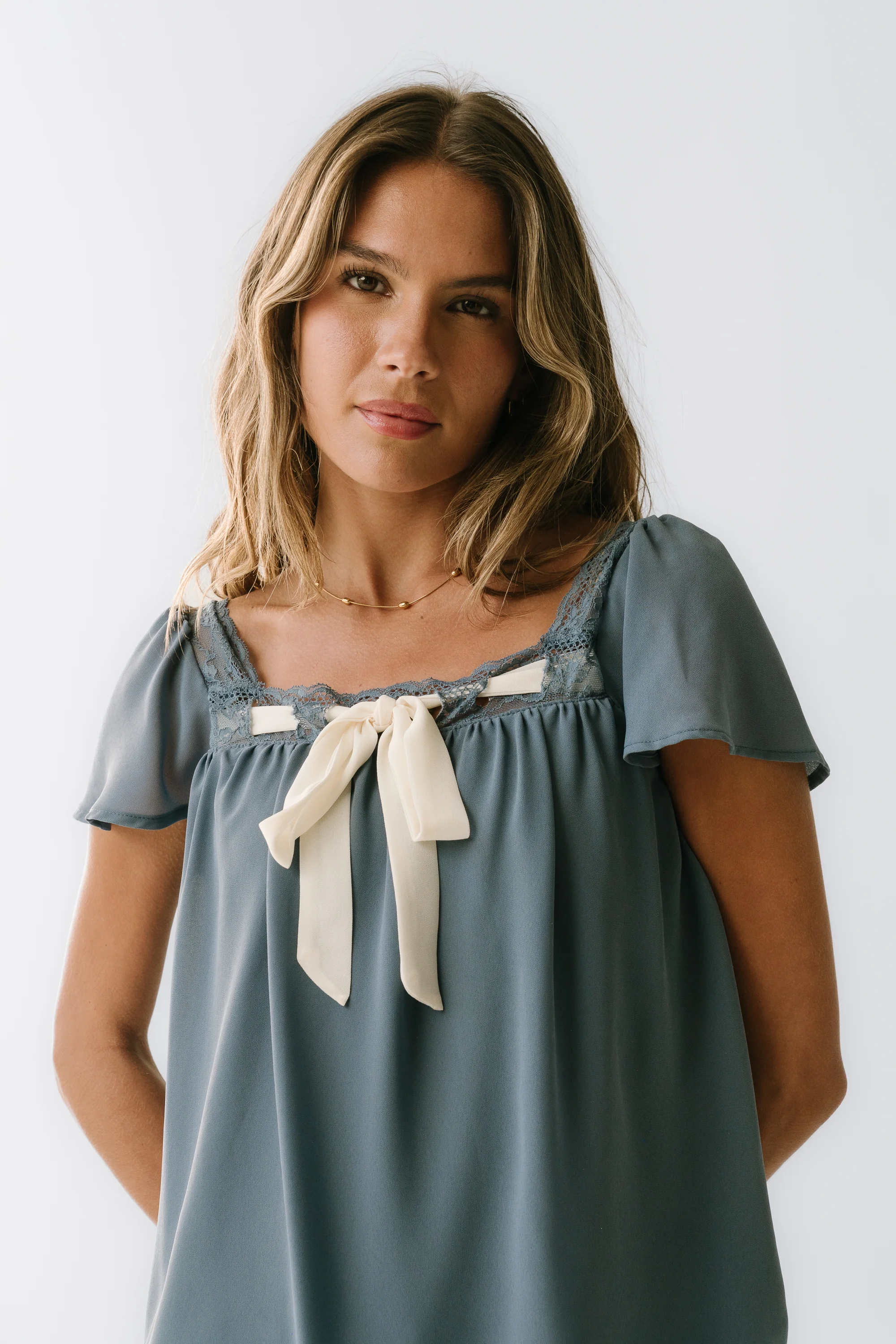 Gianna Lace Trim Blouse in Blue - FINAL SALE - Image 5