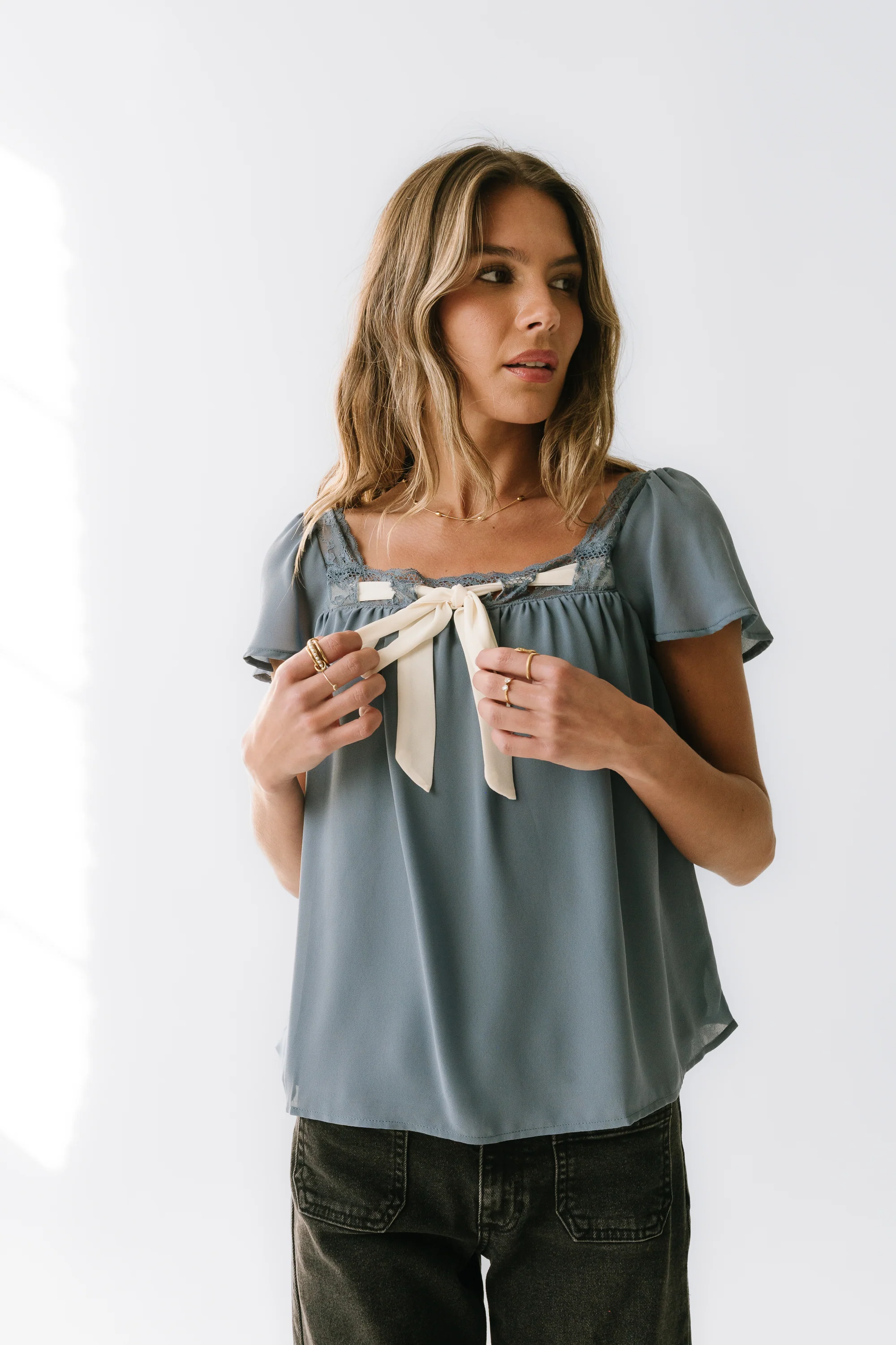 Gianna Lace Trim Blouse in Blue - FINAL SALE - Image 6