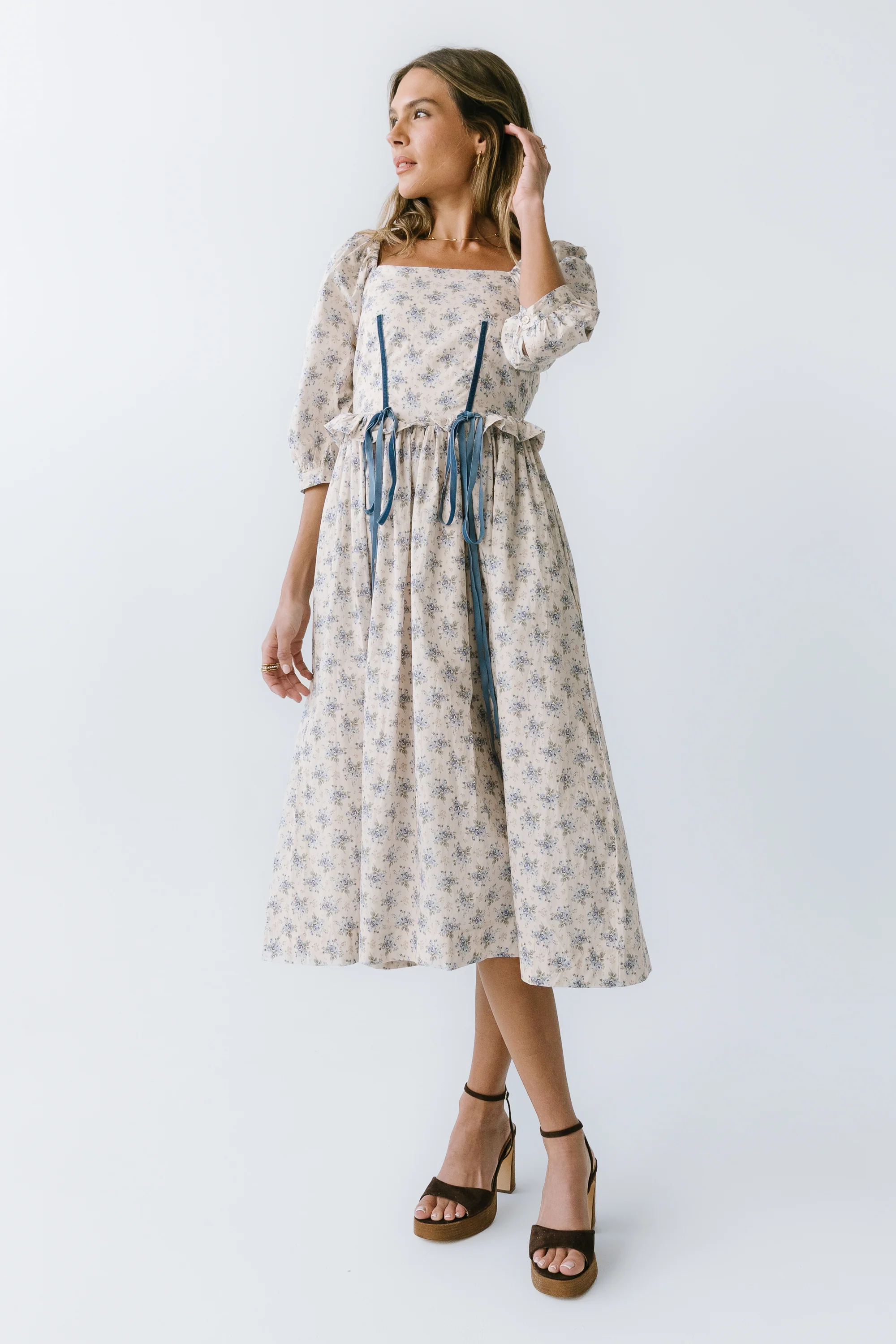 Gloria Floral Midi Dress in Ecru - FINAL SALE - Image 2
