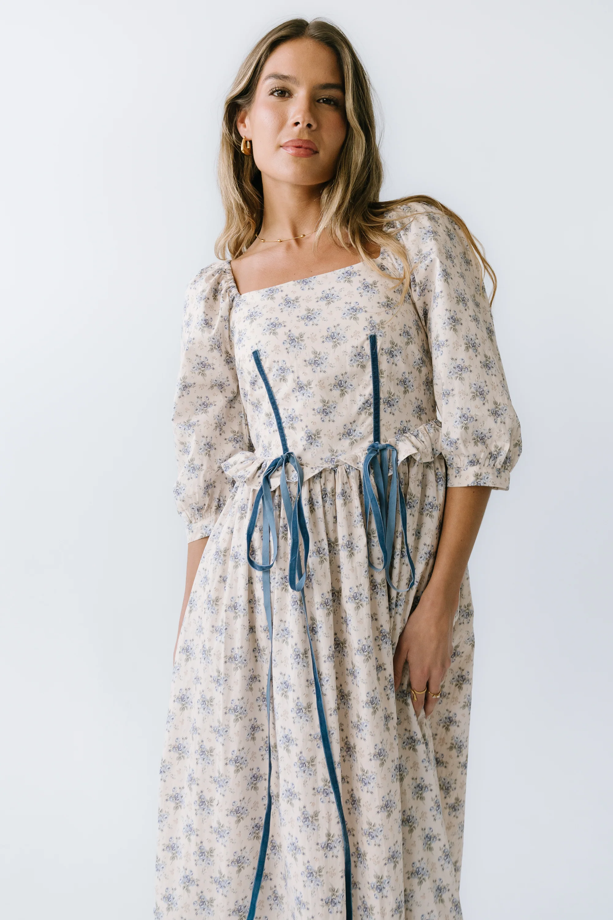 Gloria Floral Midi Dress in Ecru - FINAL SALE - Image 3