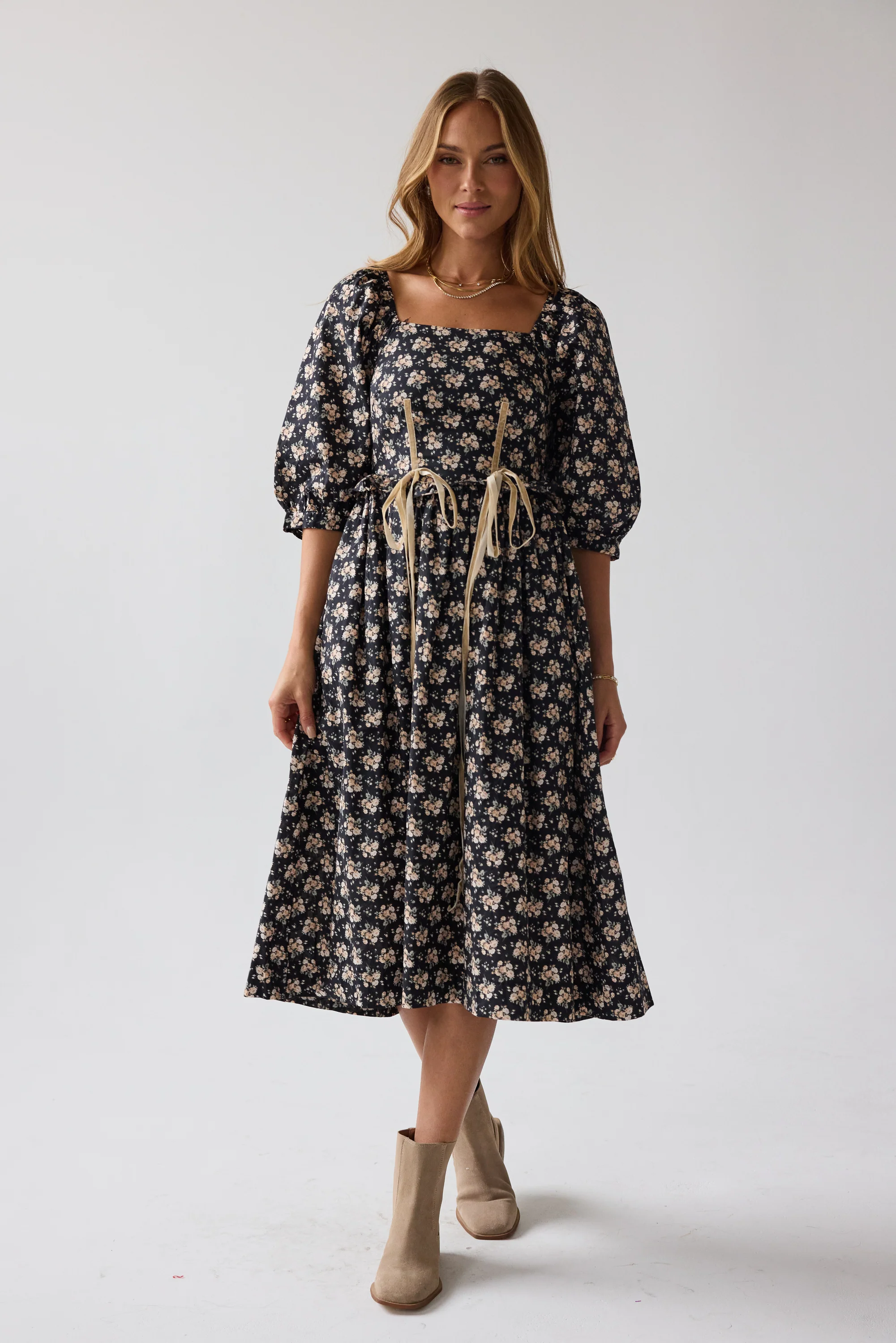 Gloria Floral Midi Dress in Black - FINAL SALE - Image 3