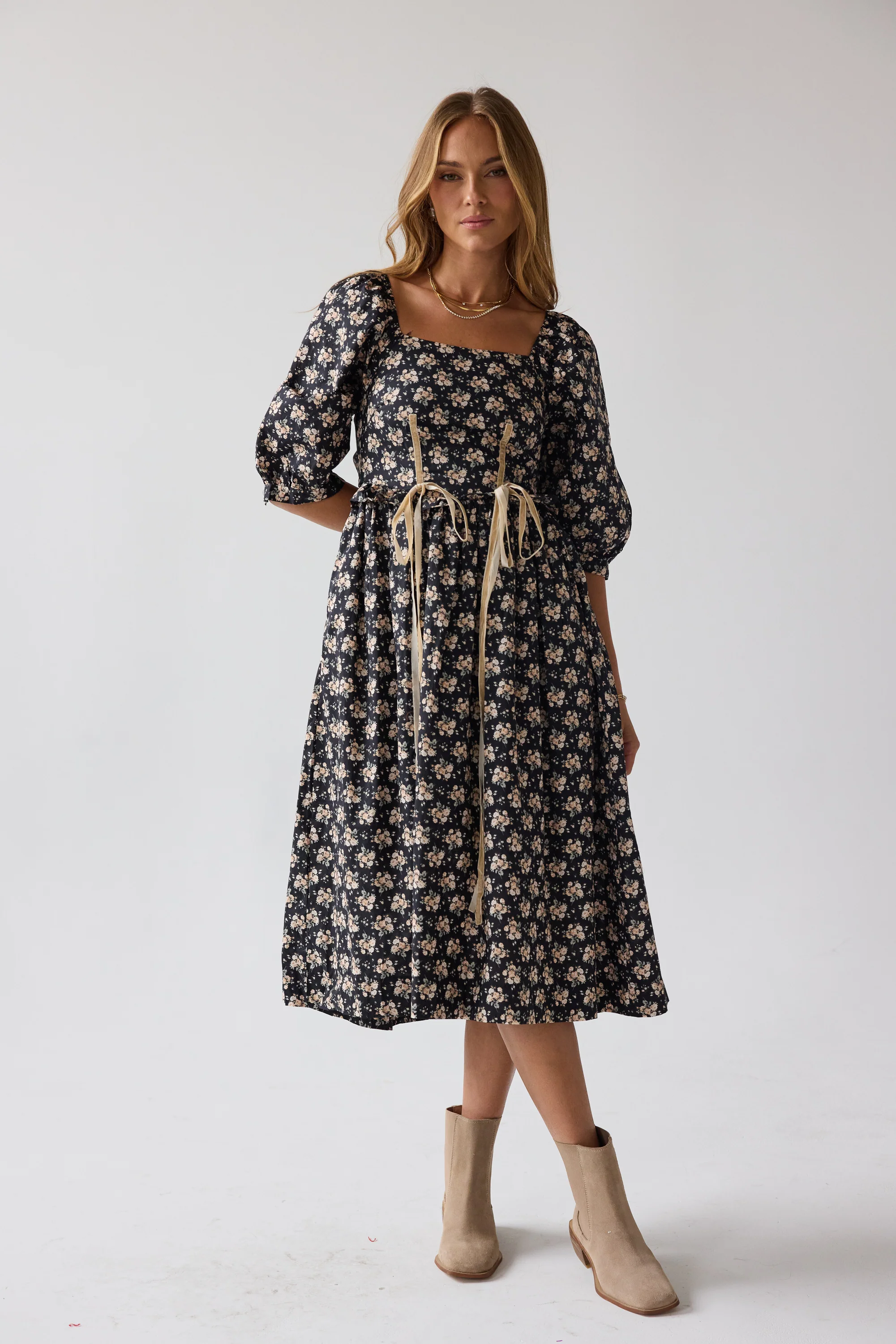 Gloria Floral Midi Dress in Black - FINAL SALE - Image 4