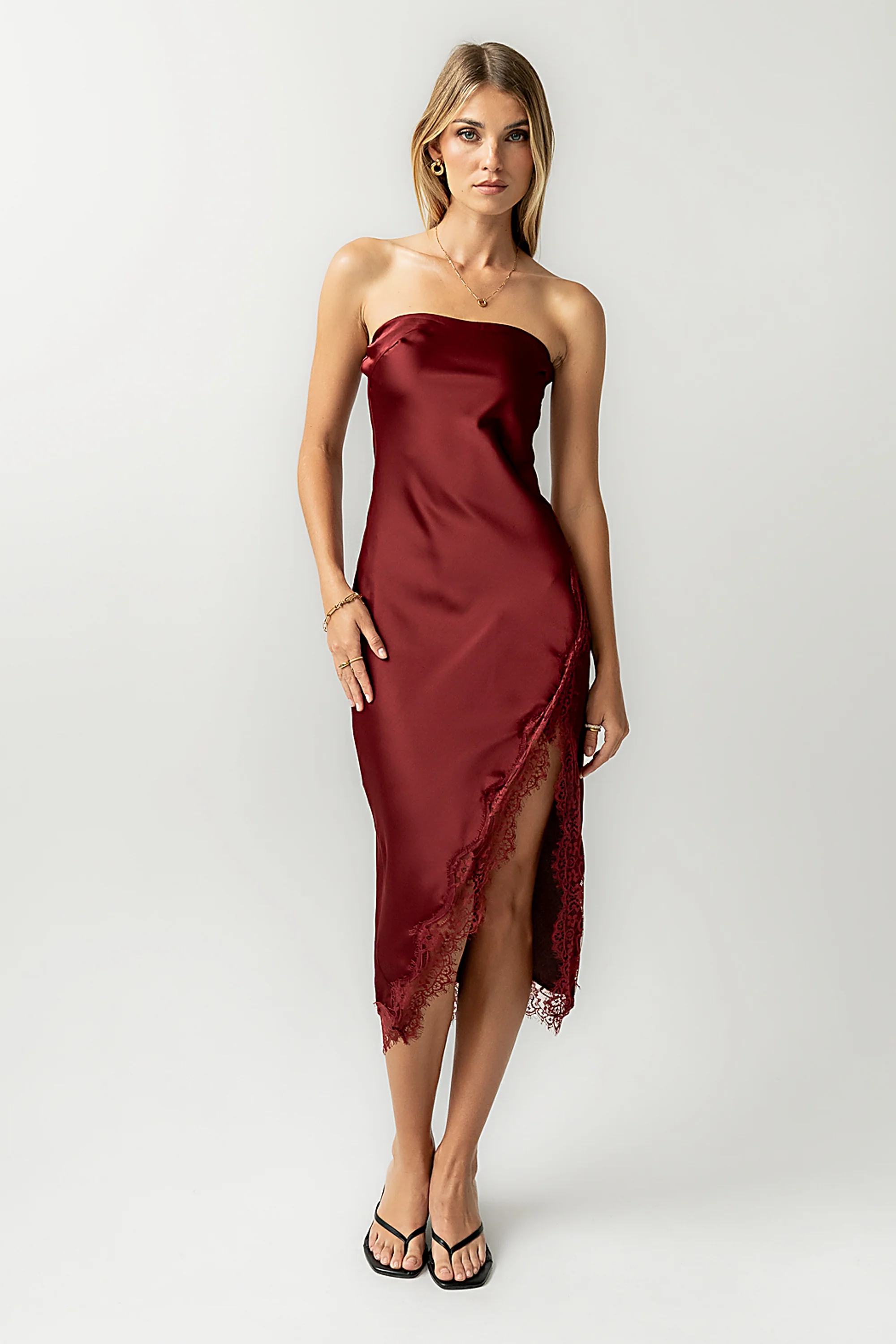 Goldie Lace Trim Midi Dress in Wine - FINAL SALE - Image 5
