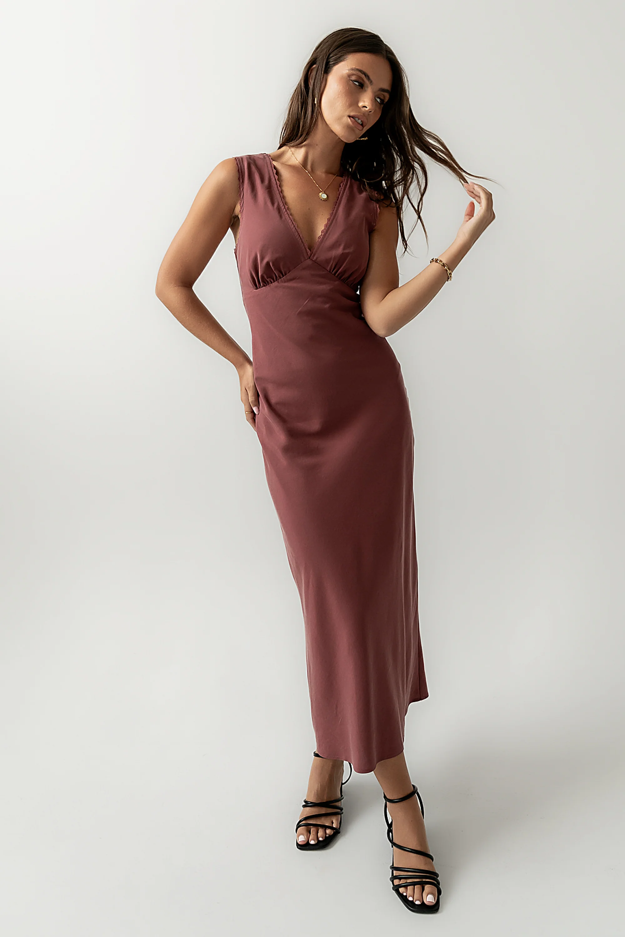 Hailey Lace Trim Maxi Dress in Marsala - FINAL SALE - Image 4
