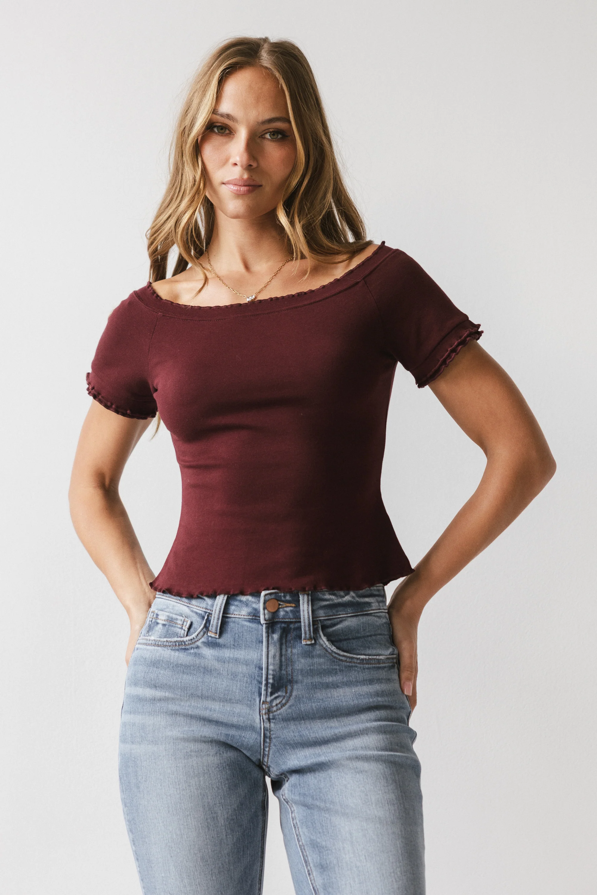 Hannah Lettuce Edge Top in Burgundy - FINAL SALE - Image 2