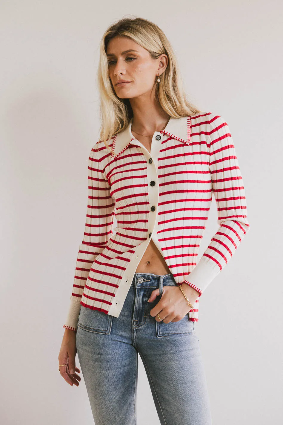 Harrison Striped Collared Top in Red - FINAL SALE