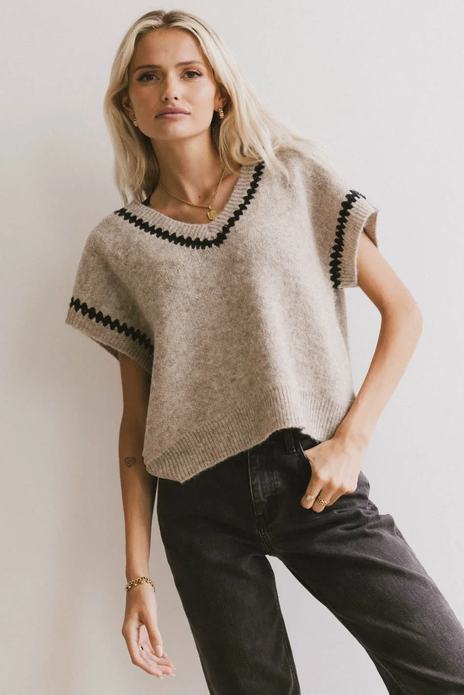 Hazel Embroidered Sweater Top in Oatmeal - Image 3