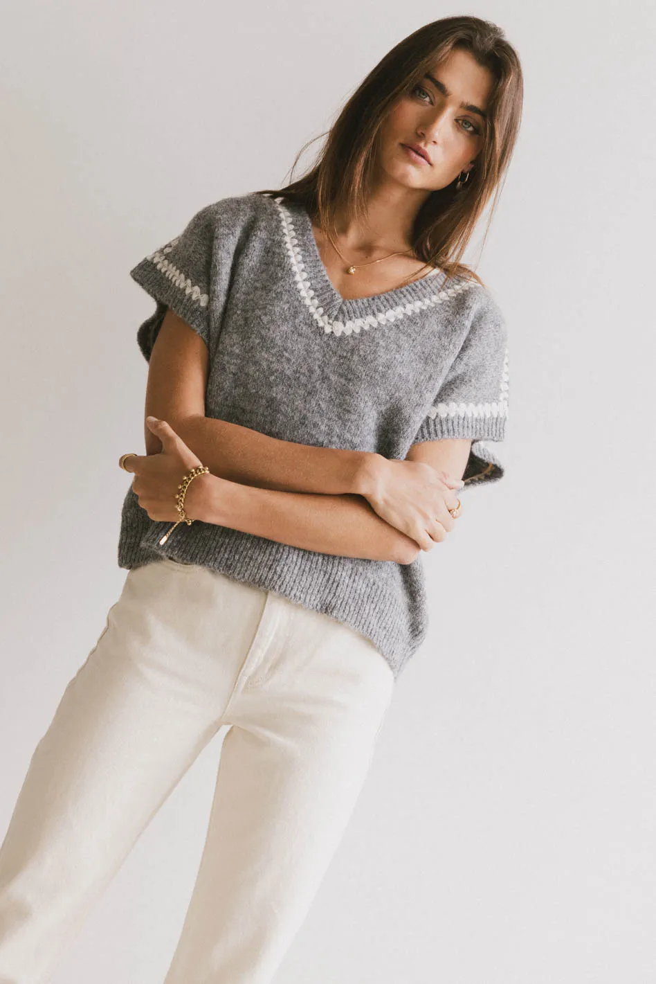 Hazel Embroidered Sweater Top in Grey - FINAL SALE - Image 2