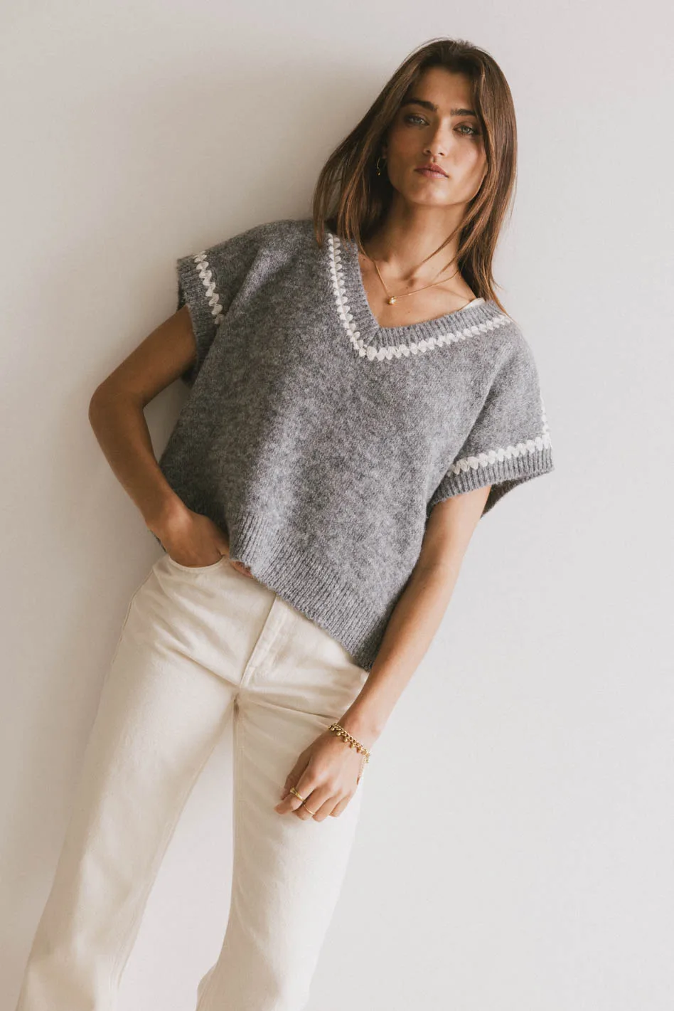 Hazel Embroidered Sweater Top in Grey - FINAL SALE - Image 3