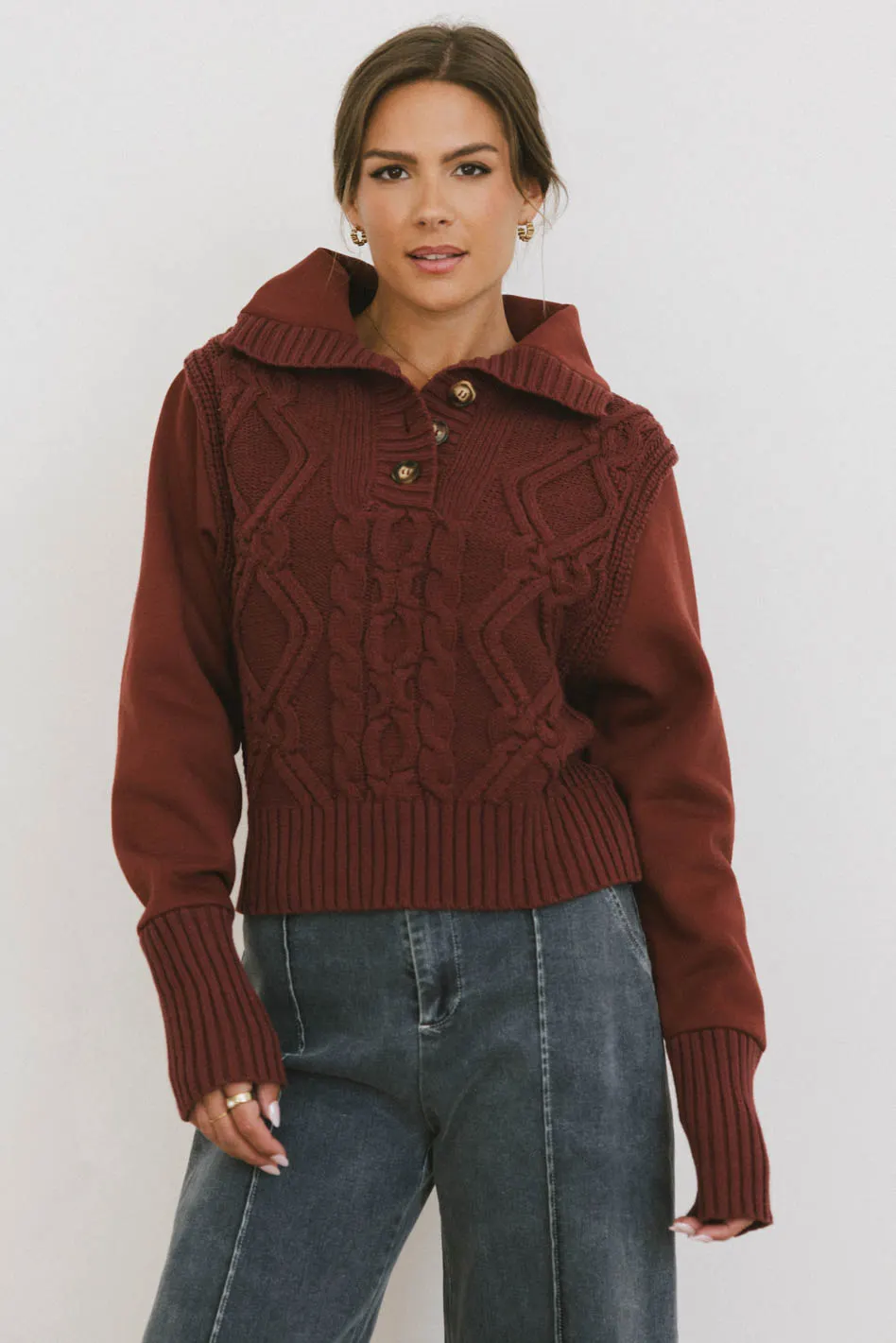 Irene Cable Knit Sweater in Burgundy - FINAL SALE - Image 2