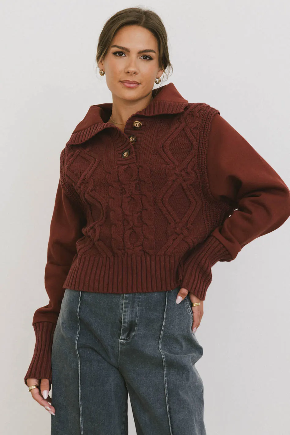 Irene Cable Knit Sweater in Burgundy - FINAL SALE - Image 3