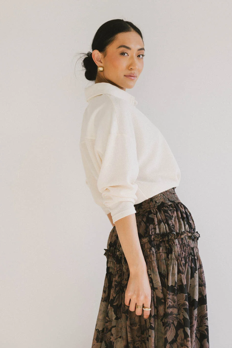 Isabelle Waffle Knit Henley Top in Cream - FINAL SALE - Image 3
