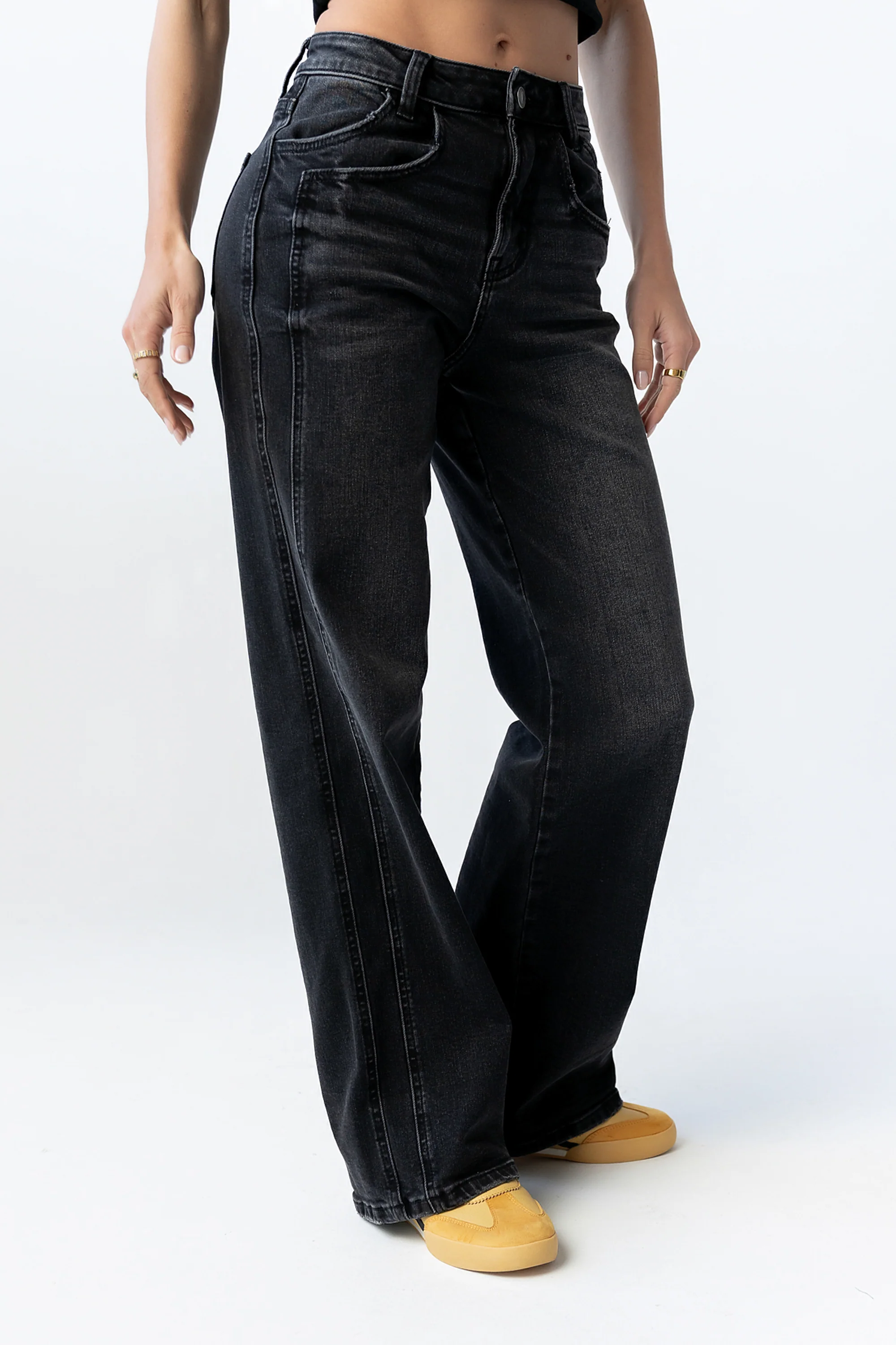 Jade Cuffed Wide Leg Jeans in Black - Image 3