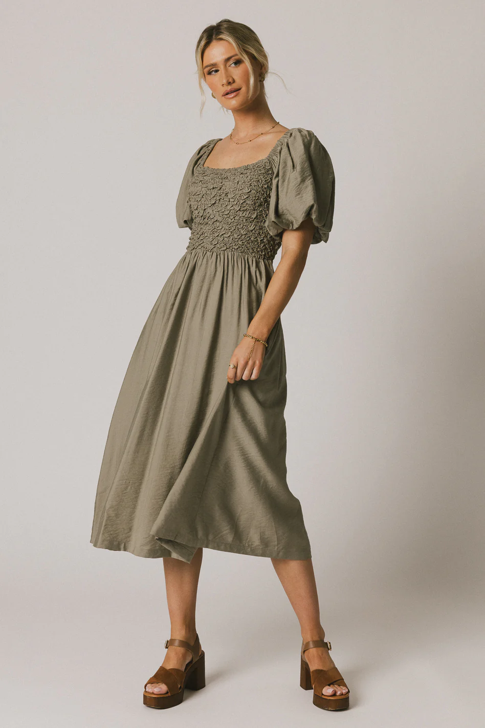 Janie Smocked Midi Dress in Olive - FINAL SALE - Image 4