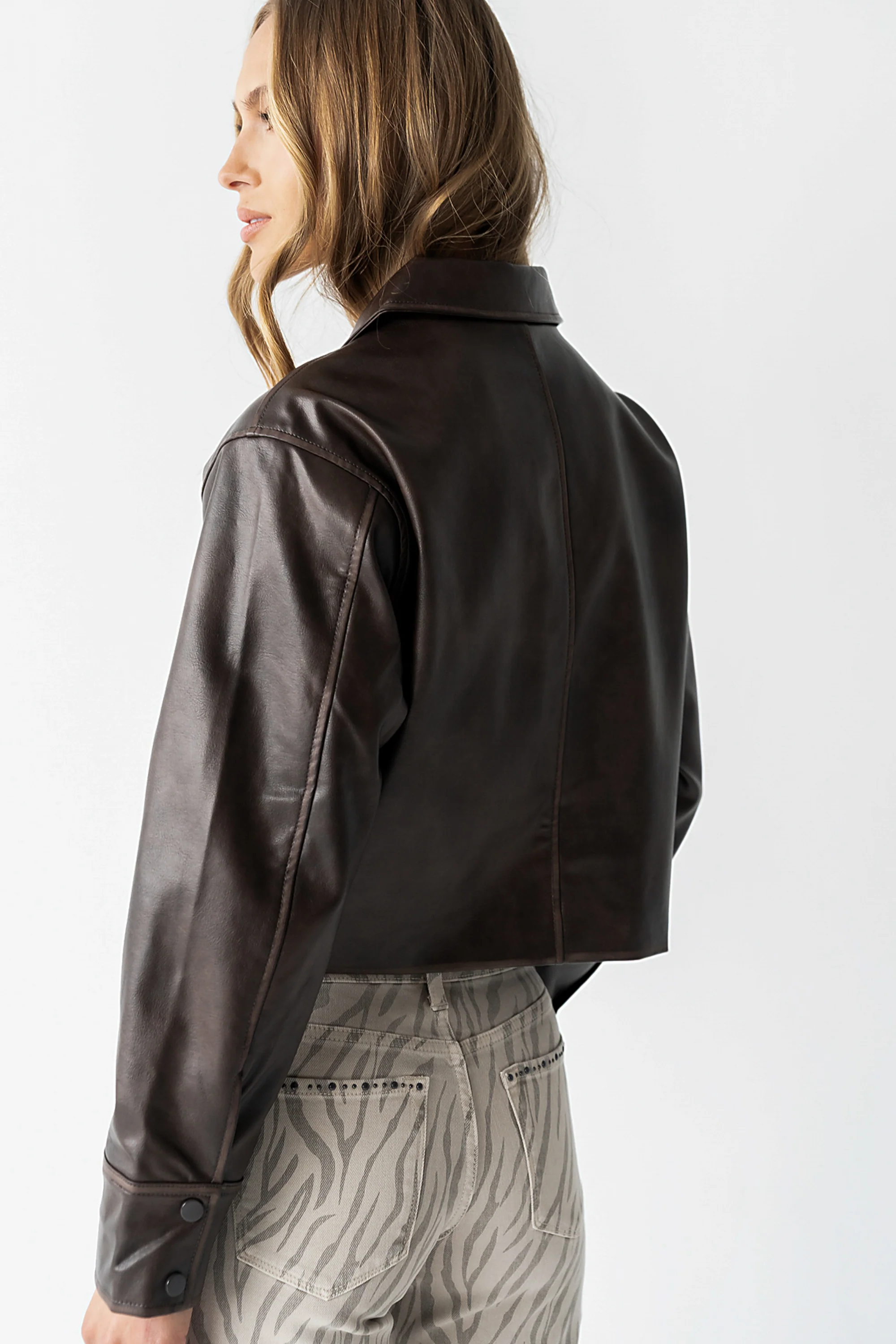 Jaymie Vegan Leather Jacket in Brown - Image 3