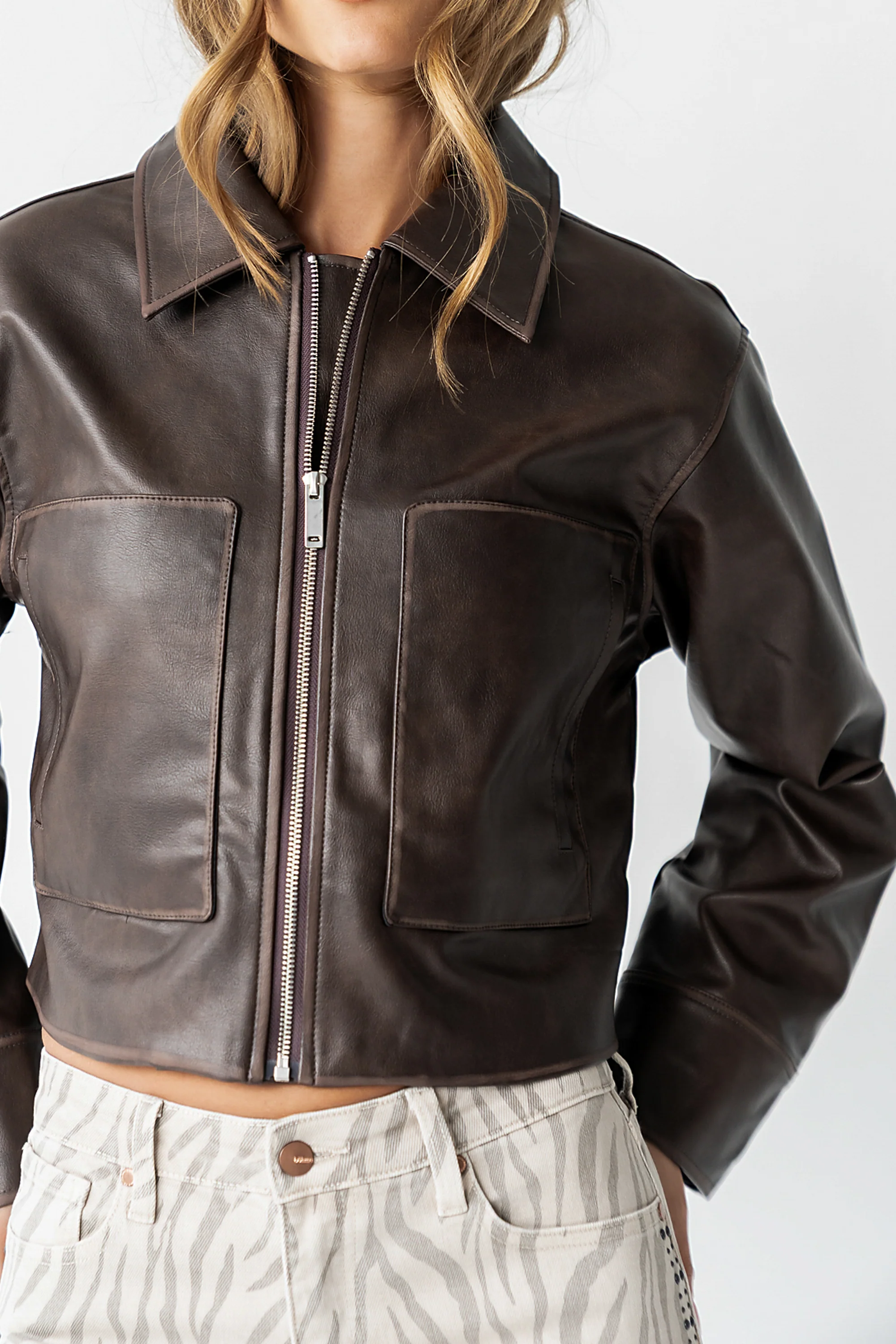 Jaymie Vegan Leather Jacket in Brown - Image 5