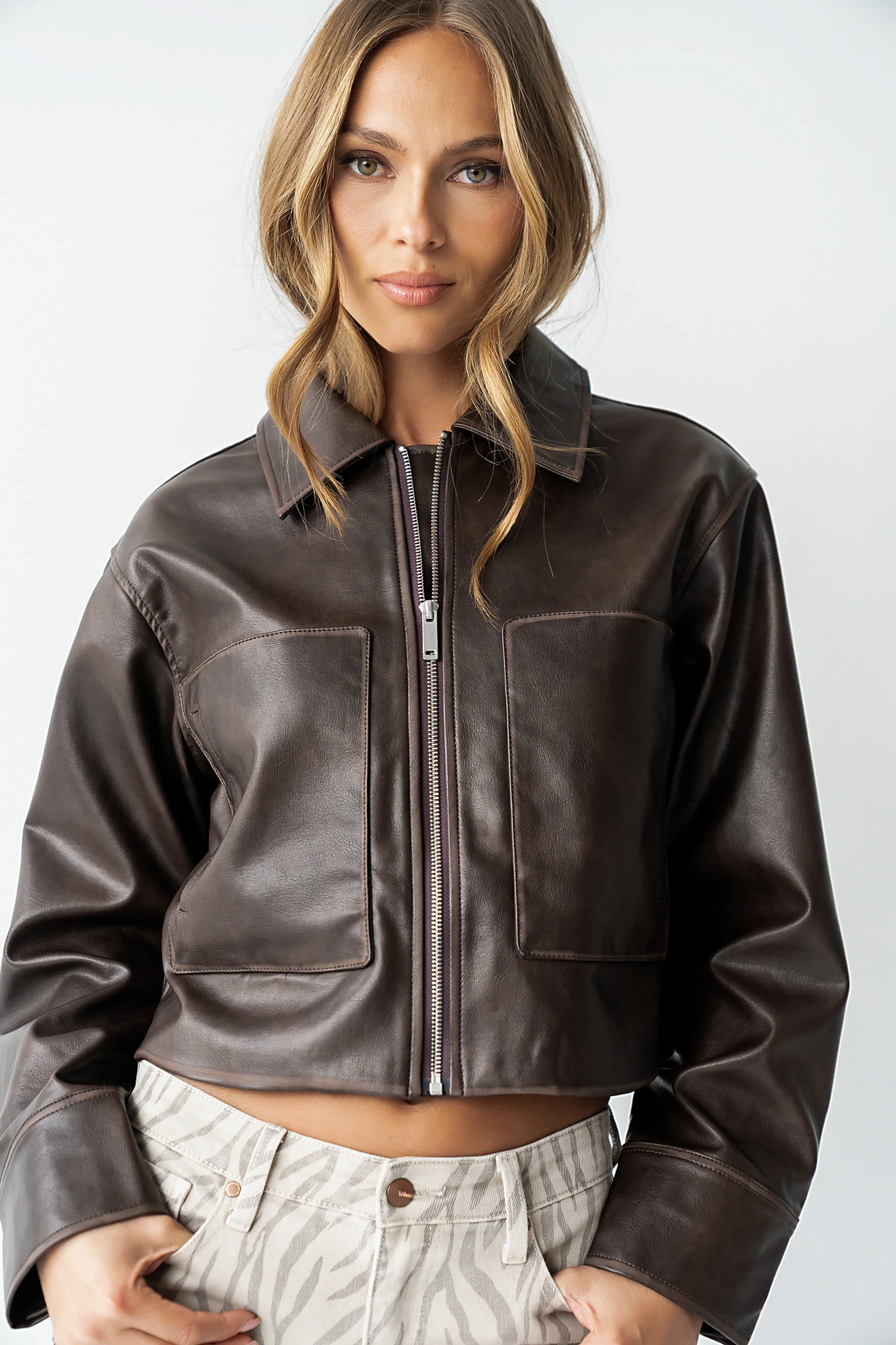 Jaymie Vegan Leather Jacket in Brown - Image 6