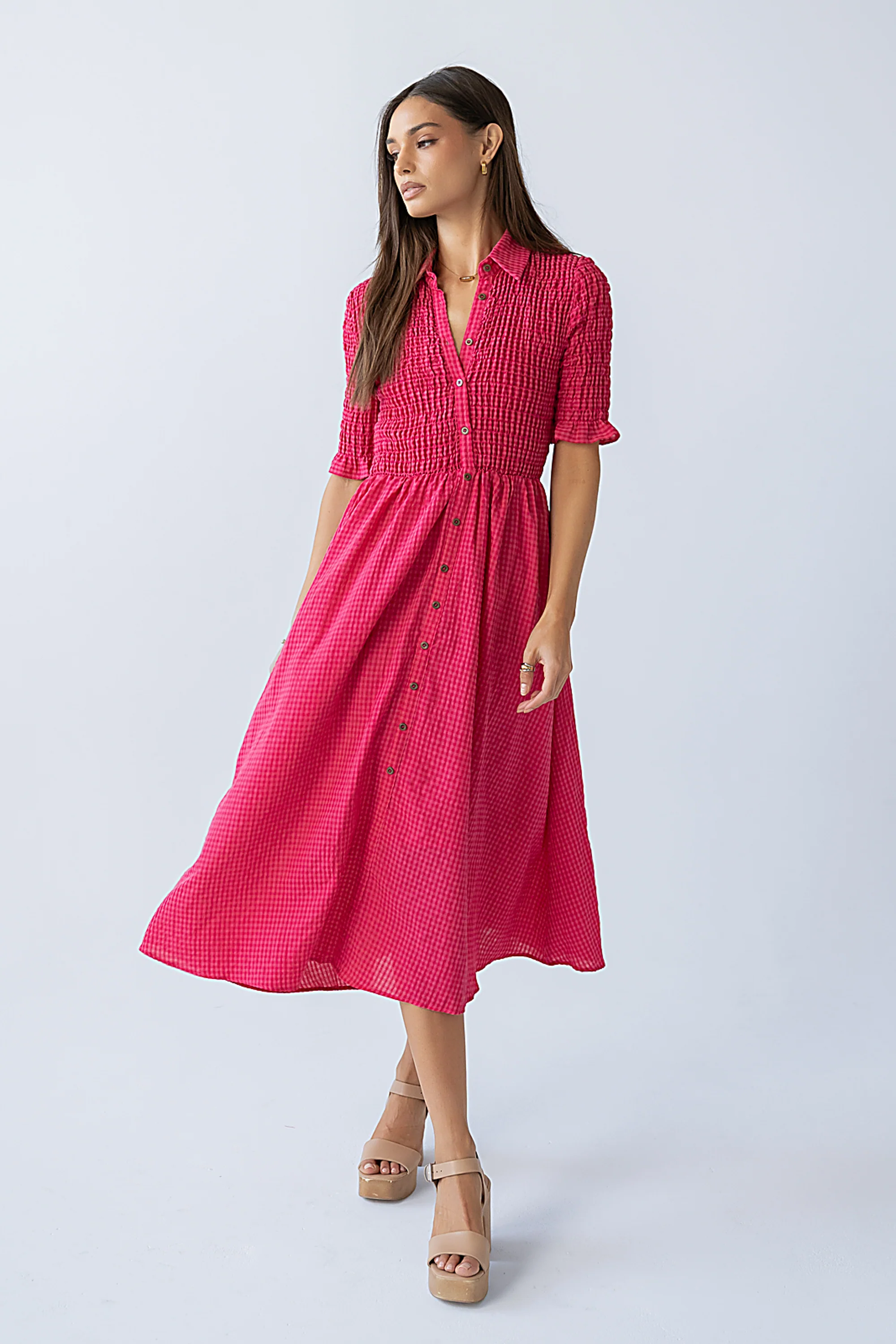 Jonas Gingham Midi Dress in Pink - FINAL SALE