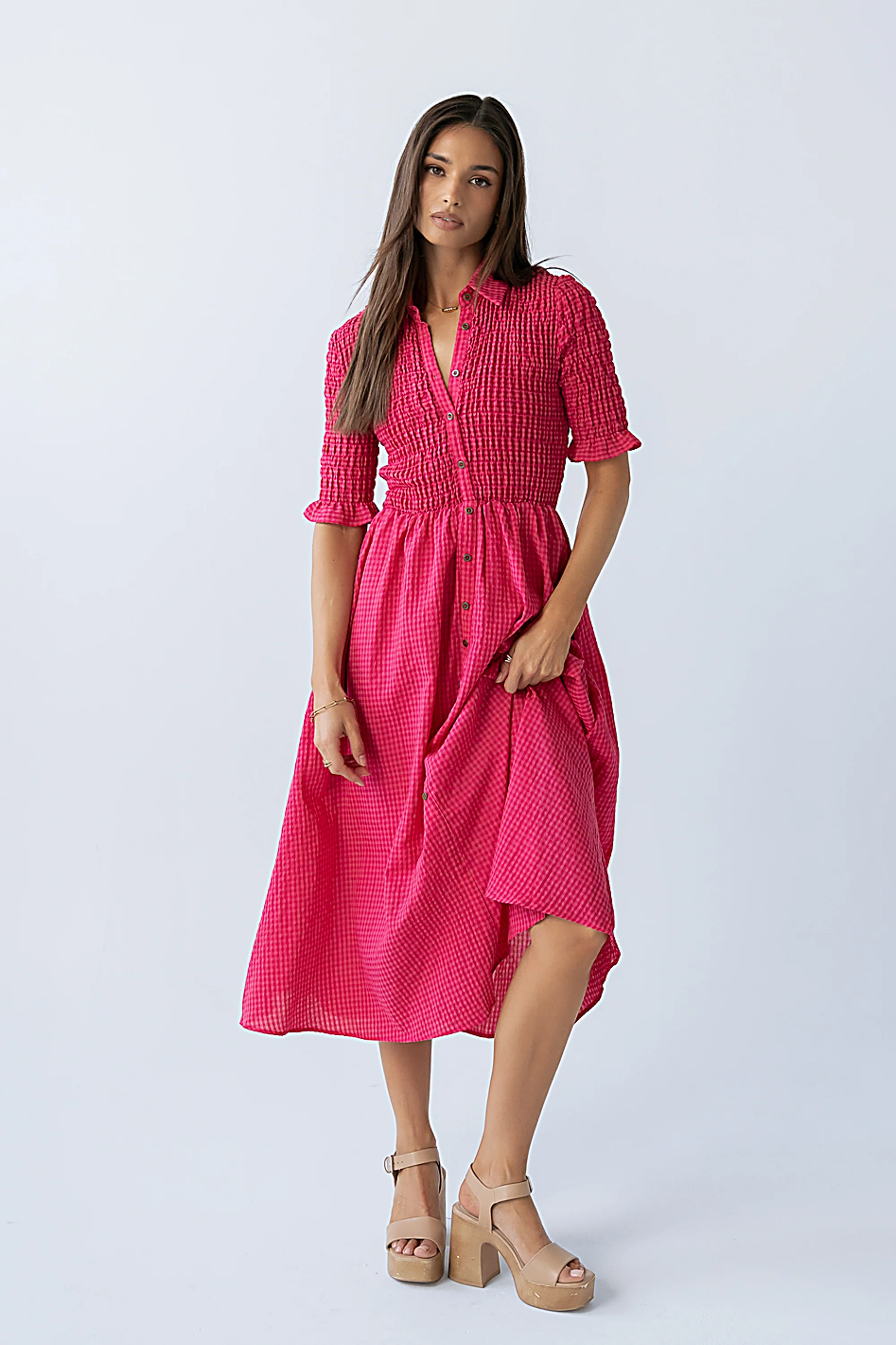Jonas Gingham Midi Dress in Pink - FINAL SALE - Image 3