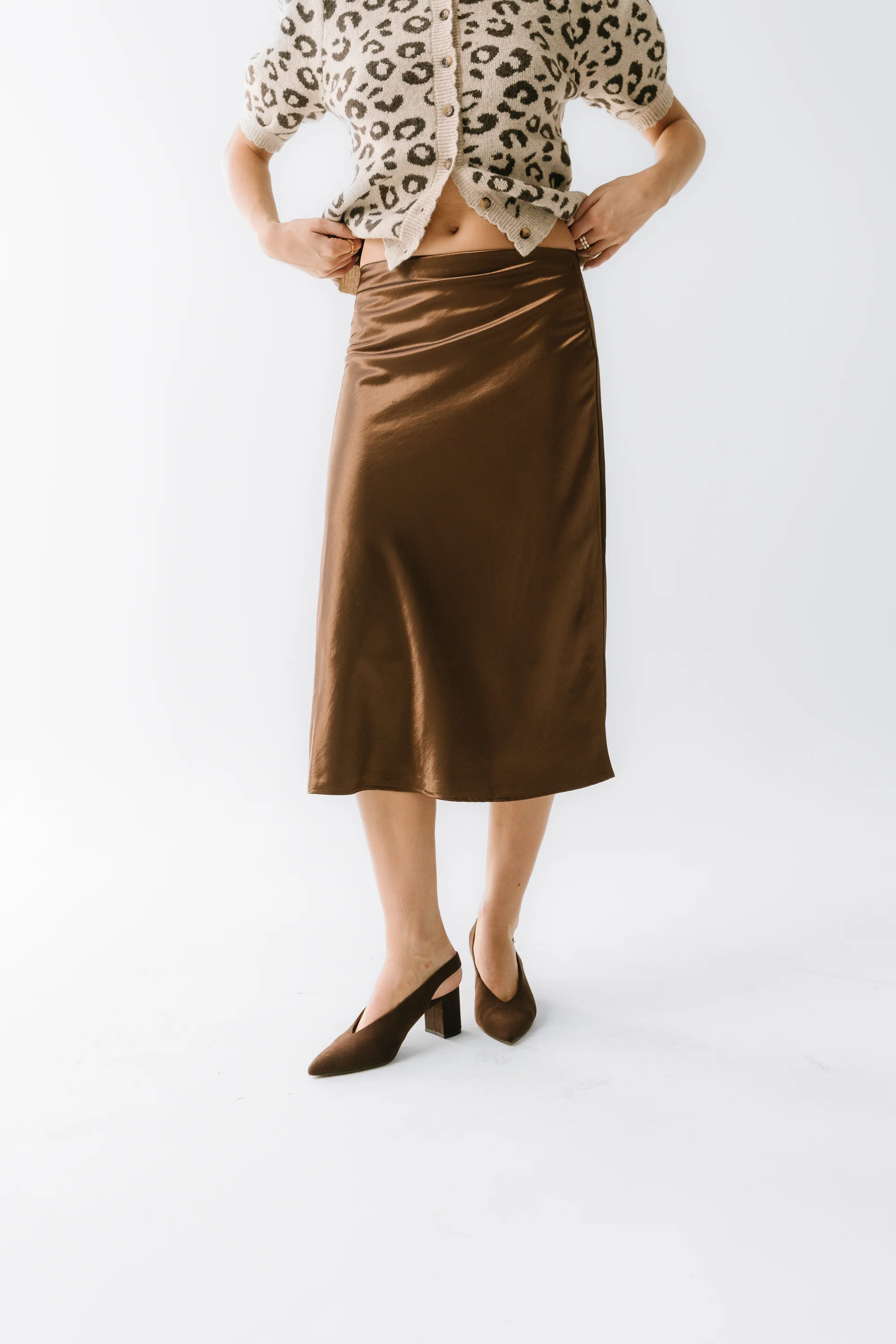 Juniper Satin Midi Skirt in Brown - Image 4