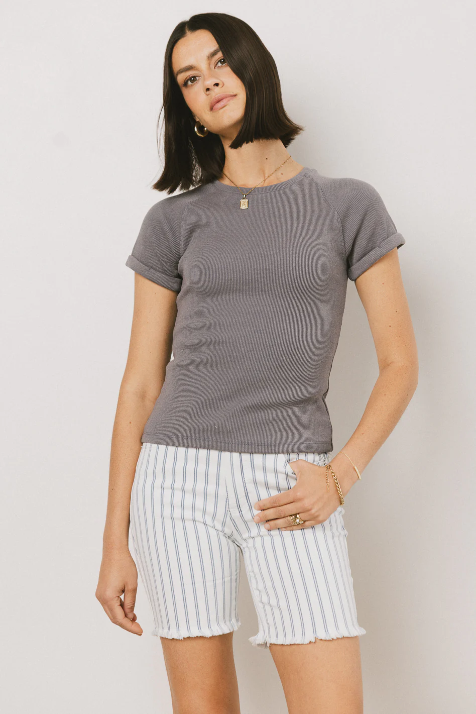 Kammie Ribbed Basic Tee in Slate Blue - FINAL SALE - Image 2