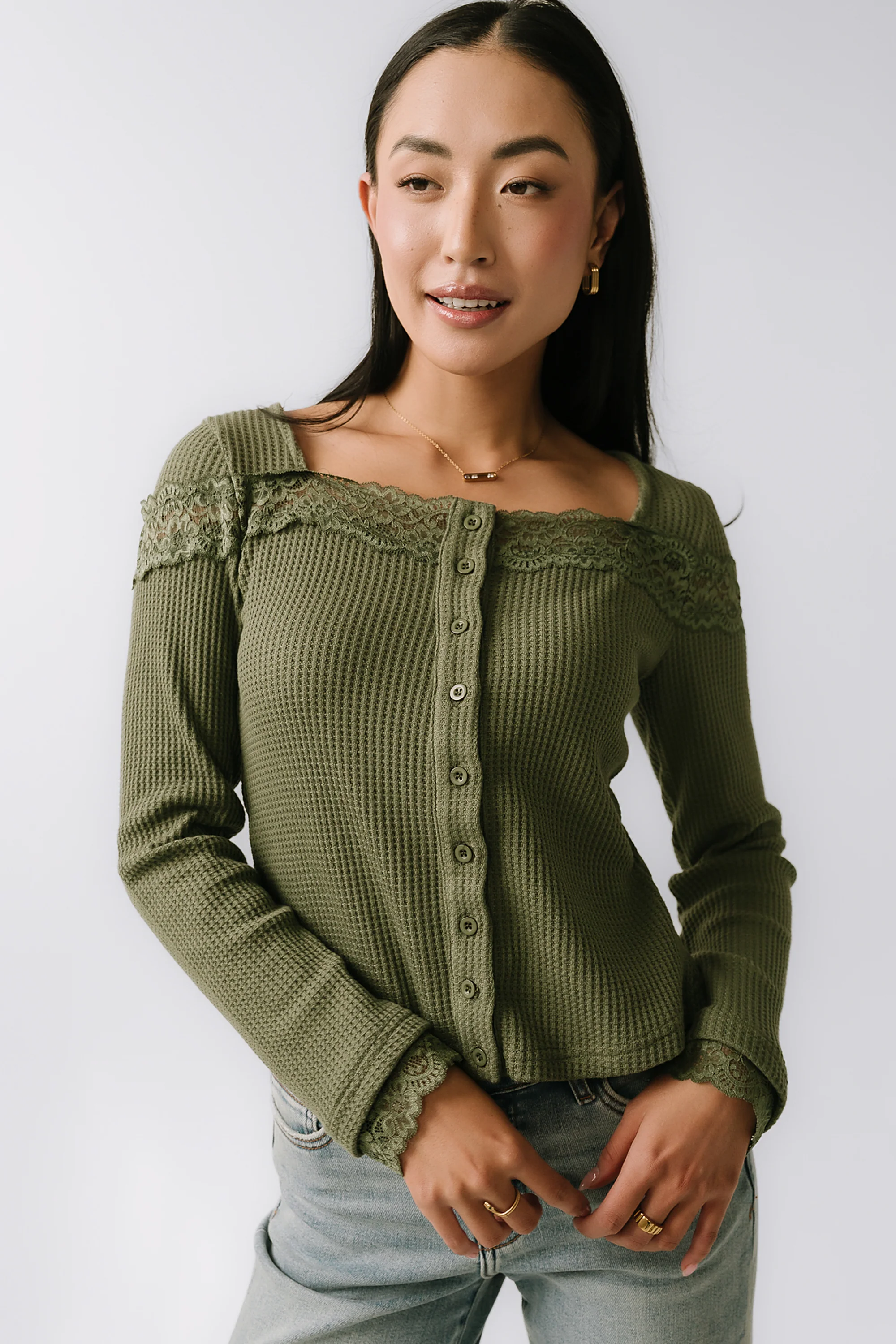 Kandice Waffle Knit Top in Olive - FINAL SALE - Image 2