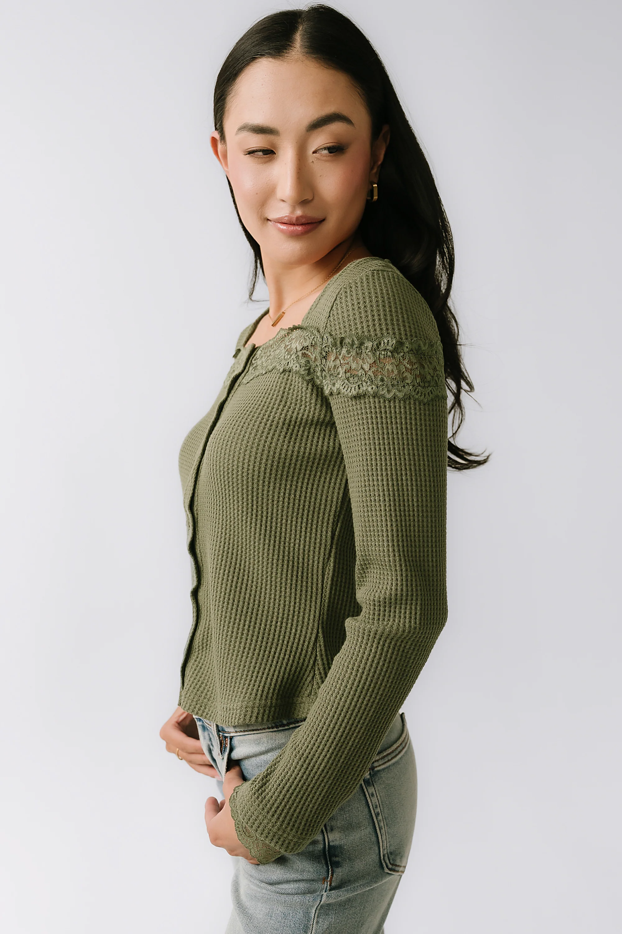 Kandice Waffle Knit Top in Olive - FINAL SALE - Image 3