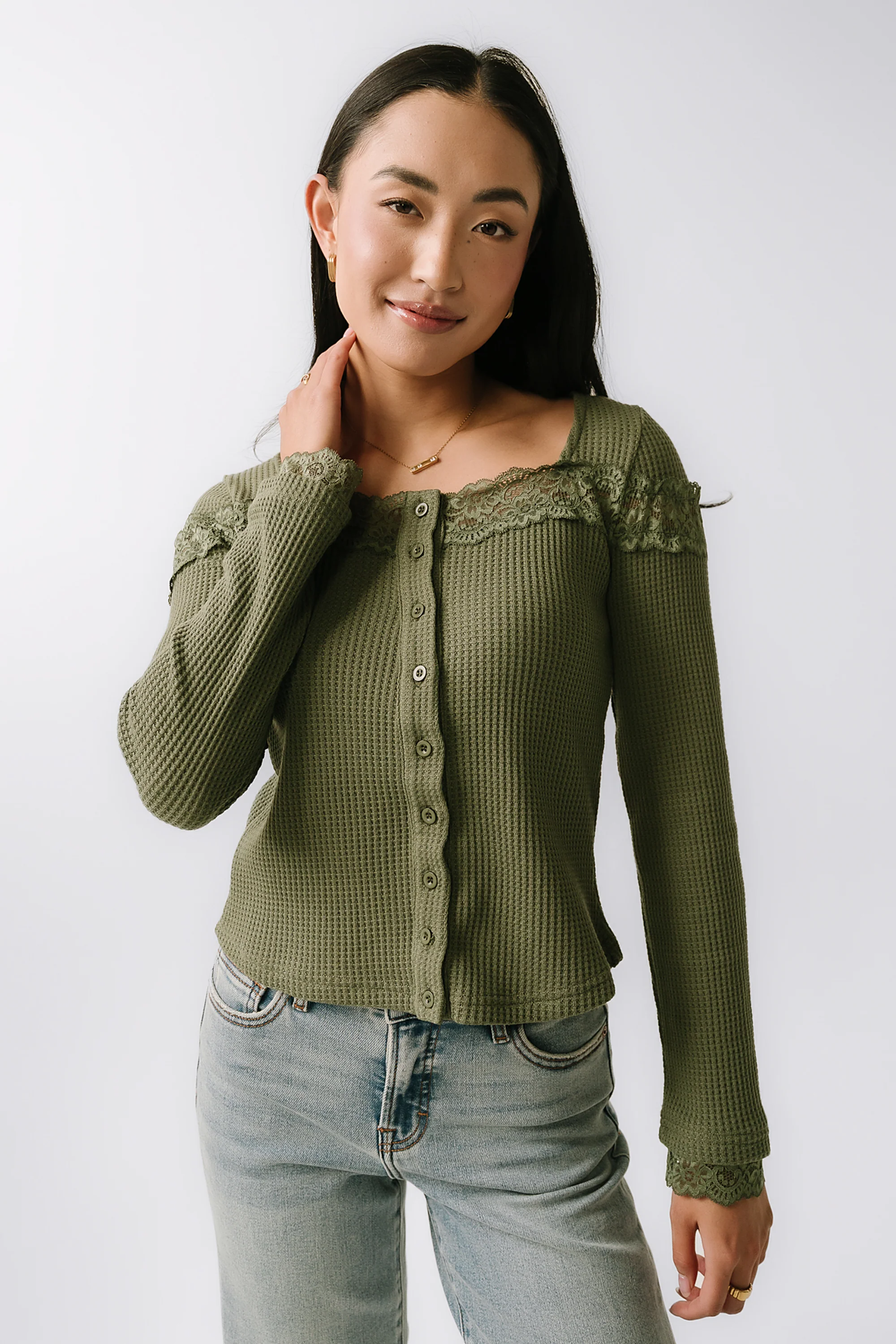 Kandice Waffle Knit Top in Olive - FINAL SALE - Image 5