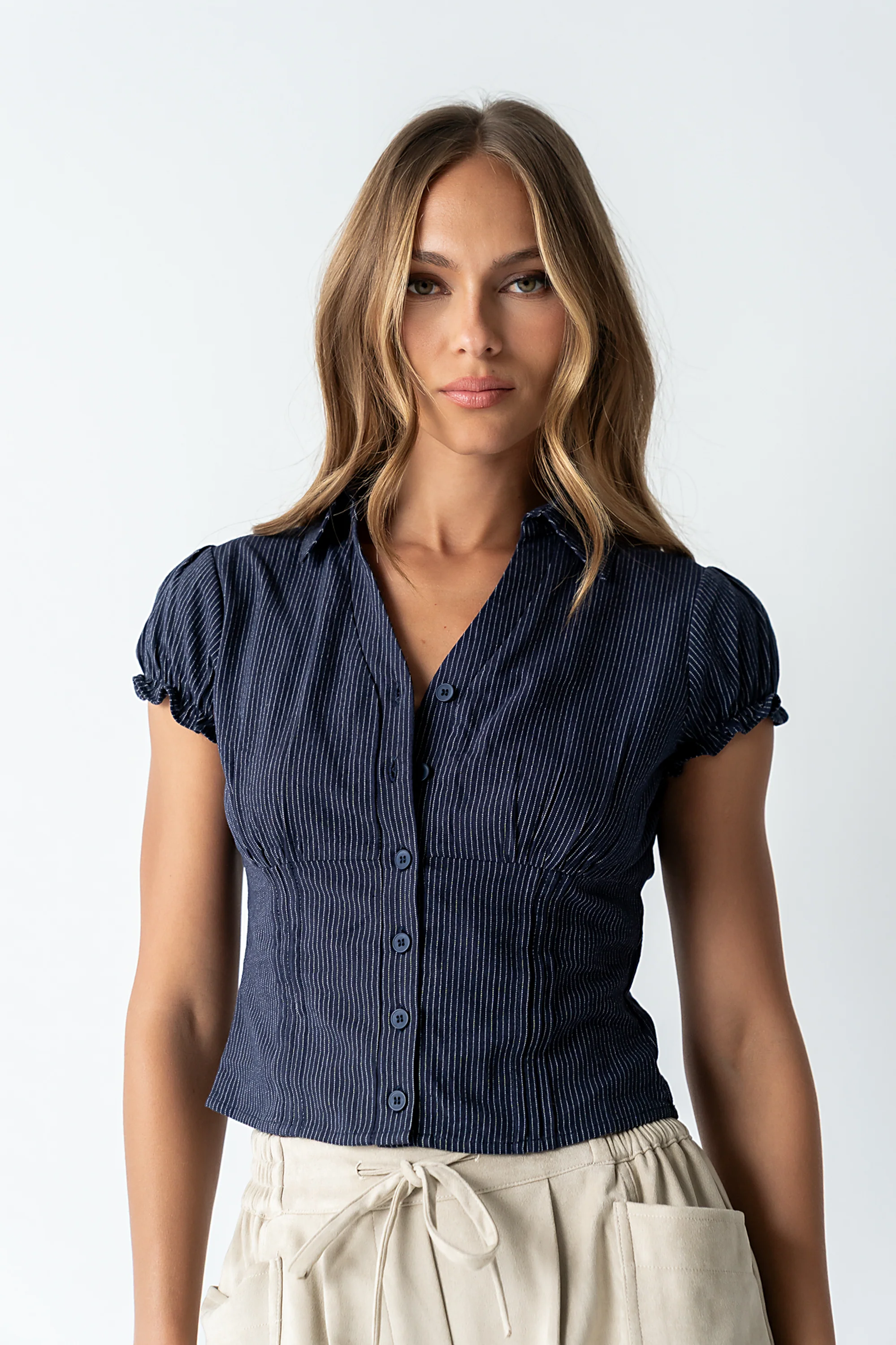 Lacie Striped Blouse in Navy - Image 2