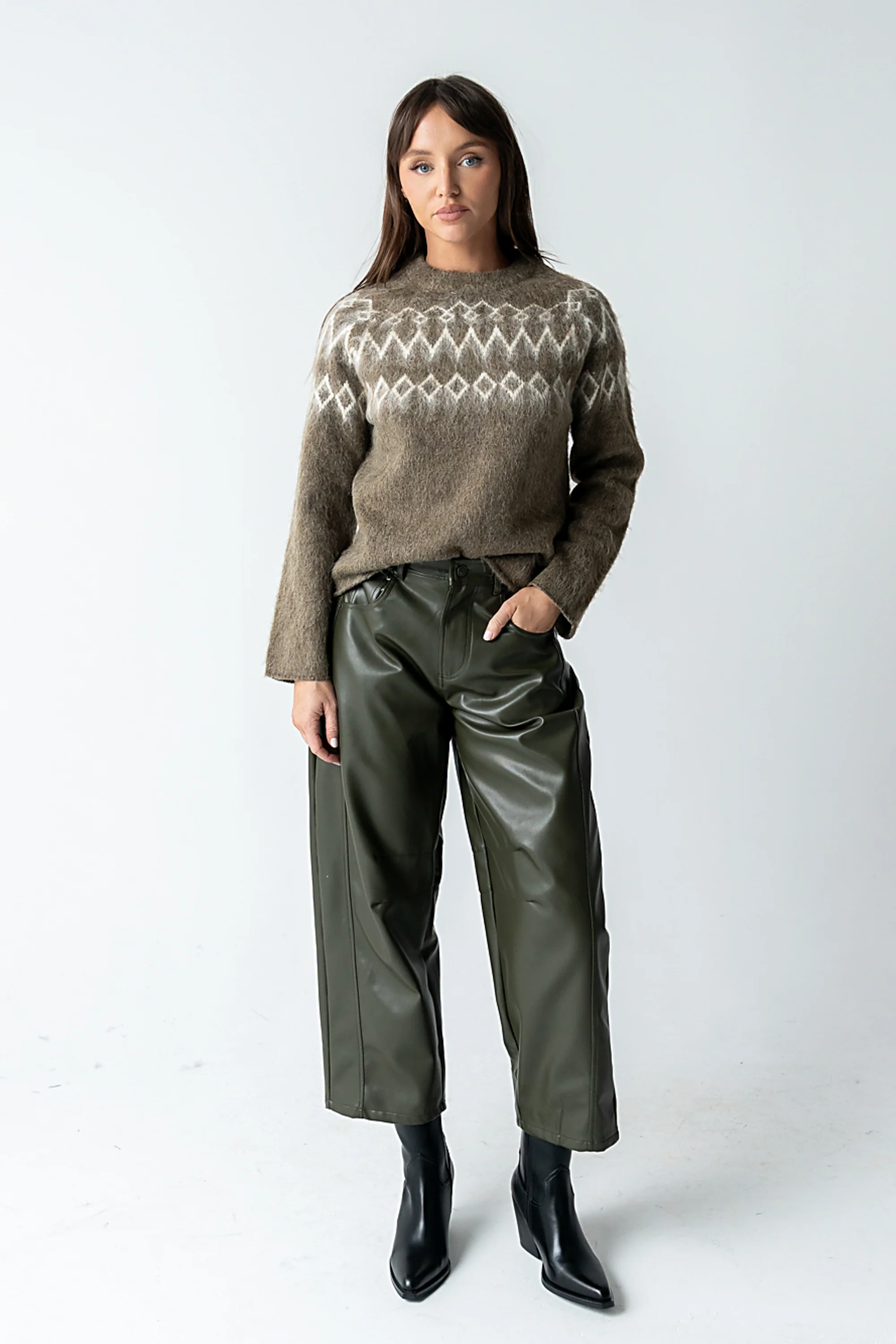 Langston Vegan Leather Barrel Jeans in Olive - FINAL SALE - Image 5