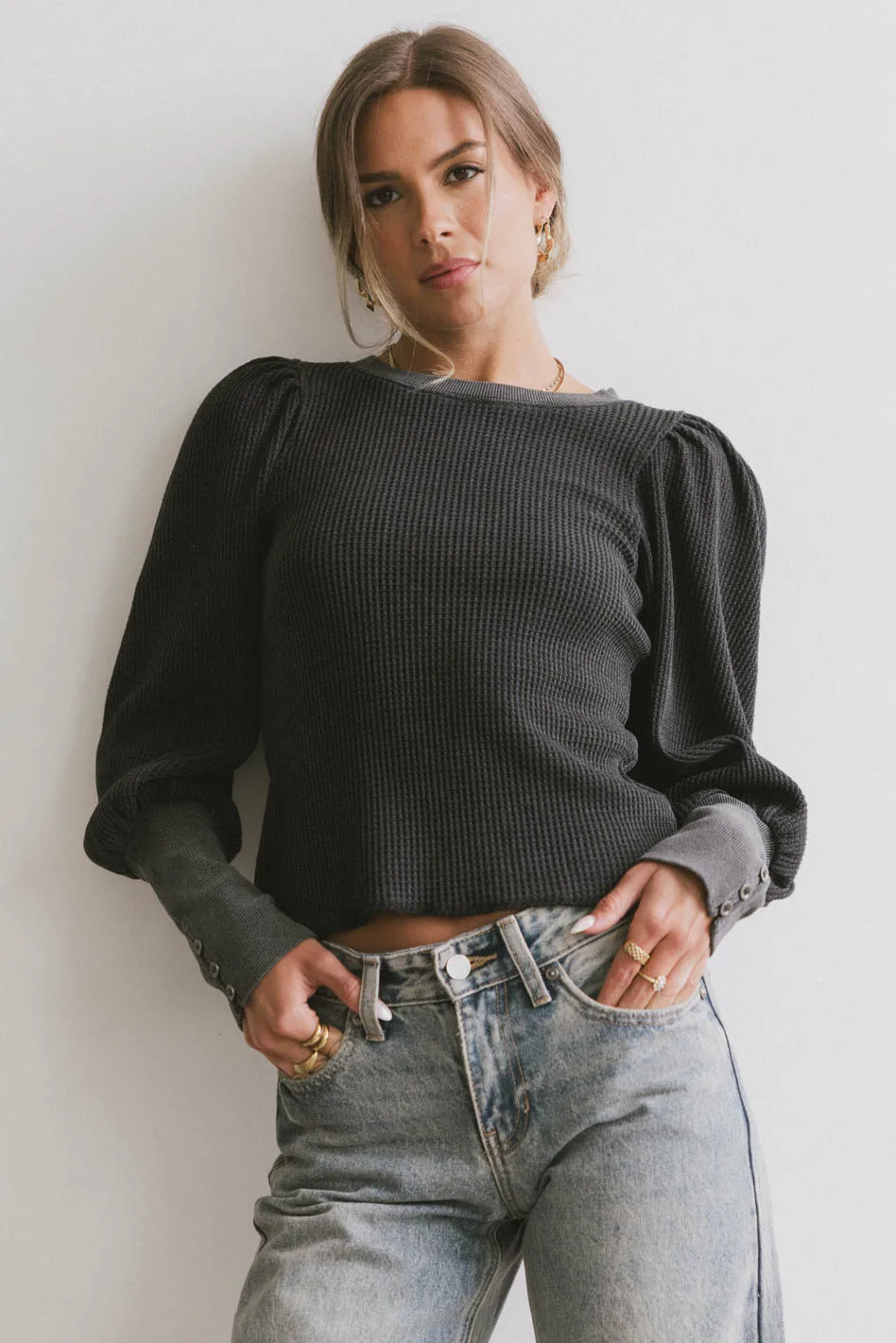 Lettie Waffle Knit Top in Black - FINAL SALE - Image 5