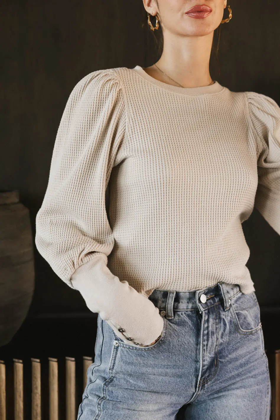 Lettie Waffle Knit Top in Cream - FINAL SALE - Image 2