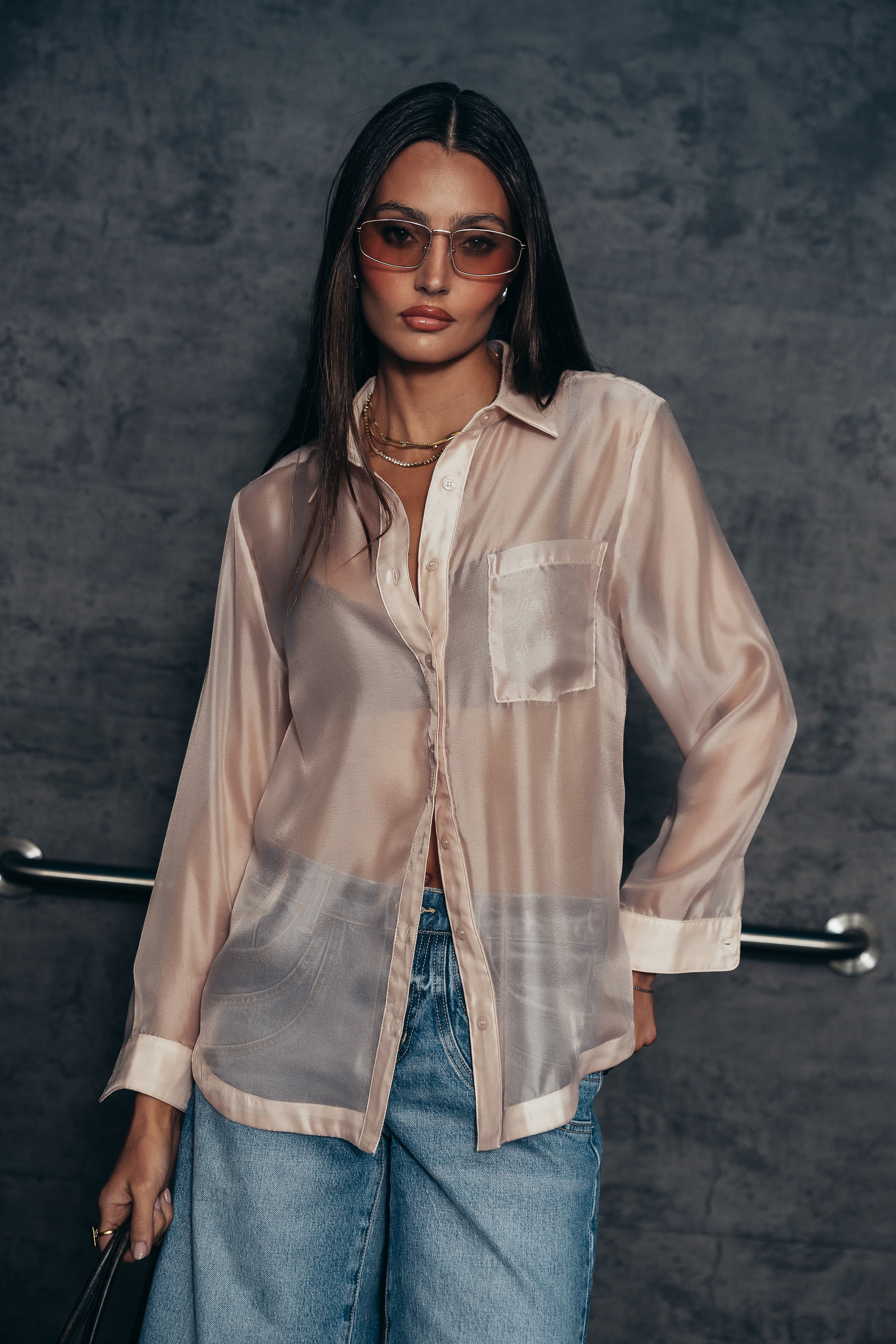 Liberty Sheer Button Up Blouse in Blush - FINAL SALE