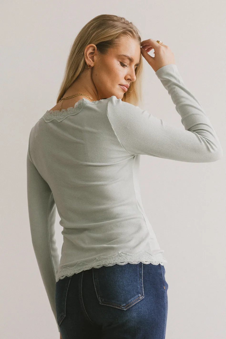 Logan Lace Trim Top in Dusty Blue - FINAL SALE - Image 2