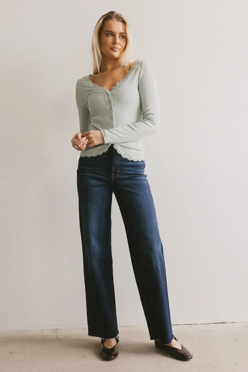 Logan Lace Trim Top in Dusty Blue - FINAL SALE - Image 4