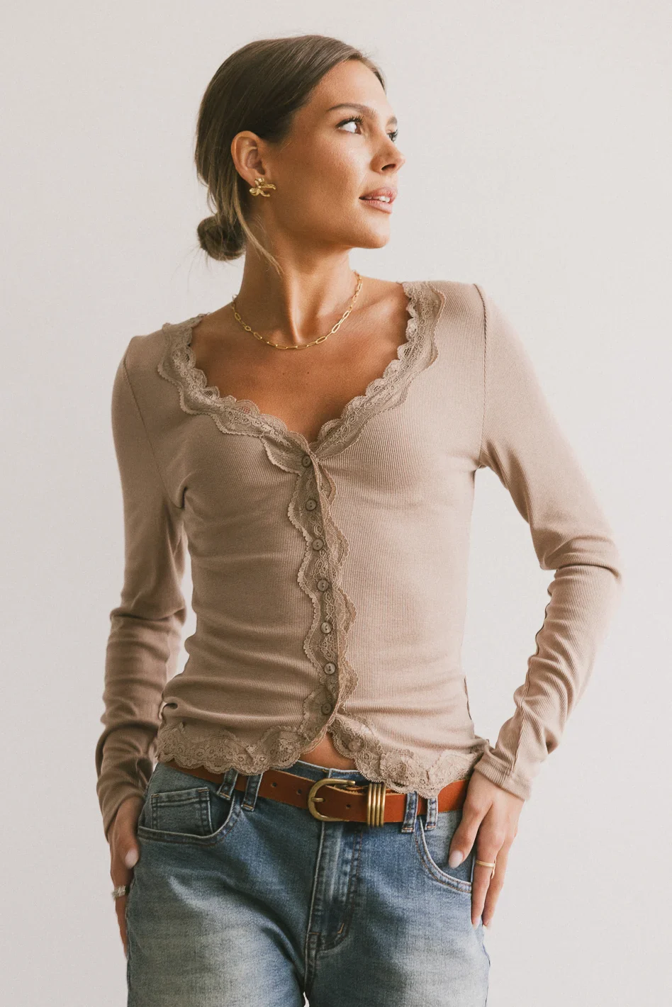 Logan Lace Trim Top in Taupe - FINAL SALE - Image 5