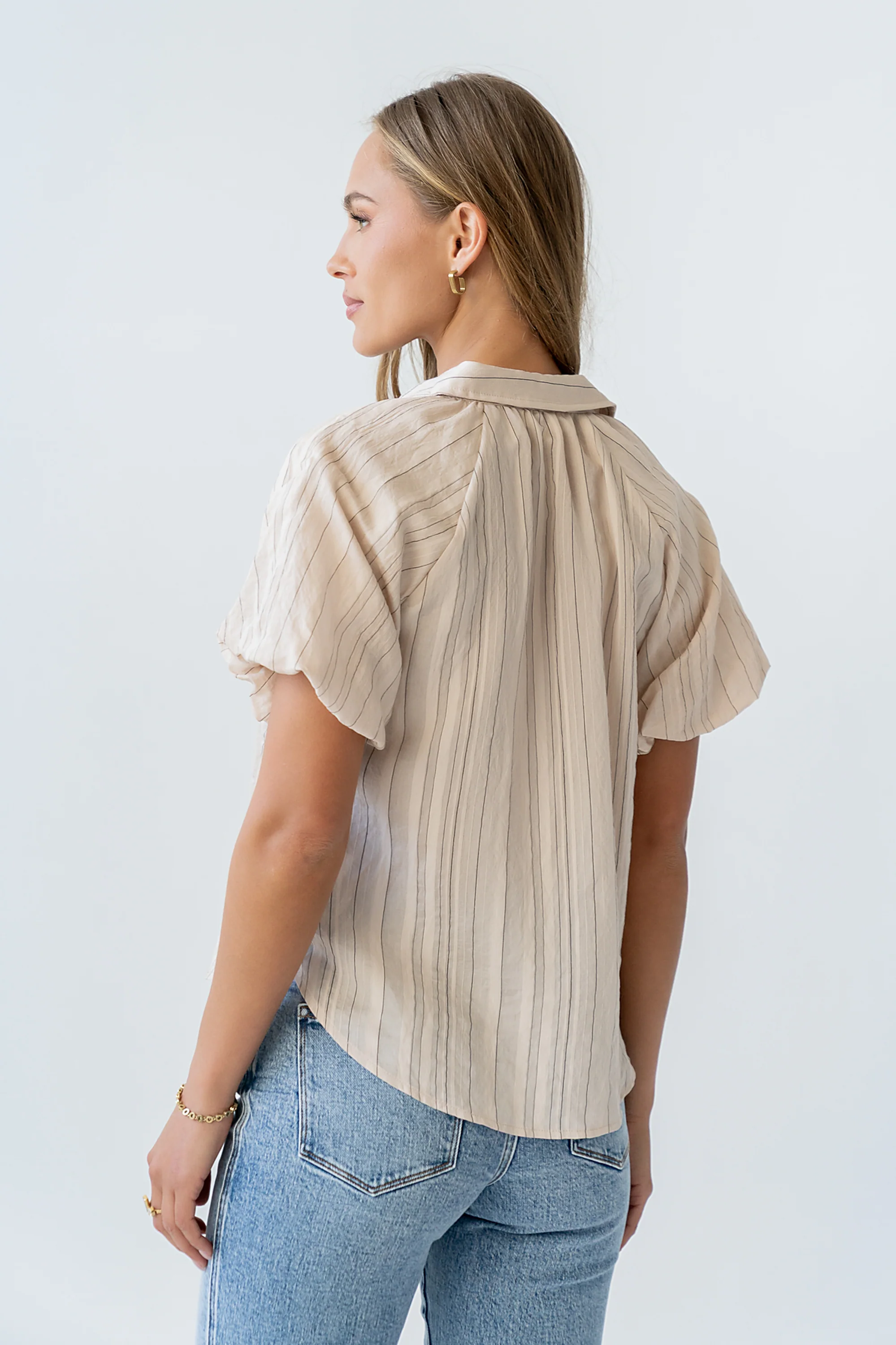 London Striped Button Up in Peach - Image 5