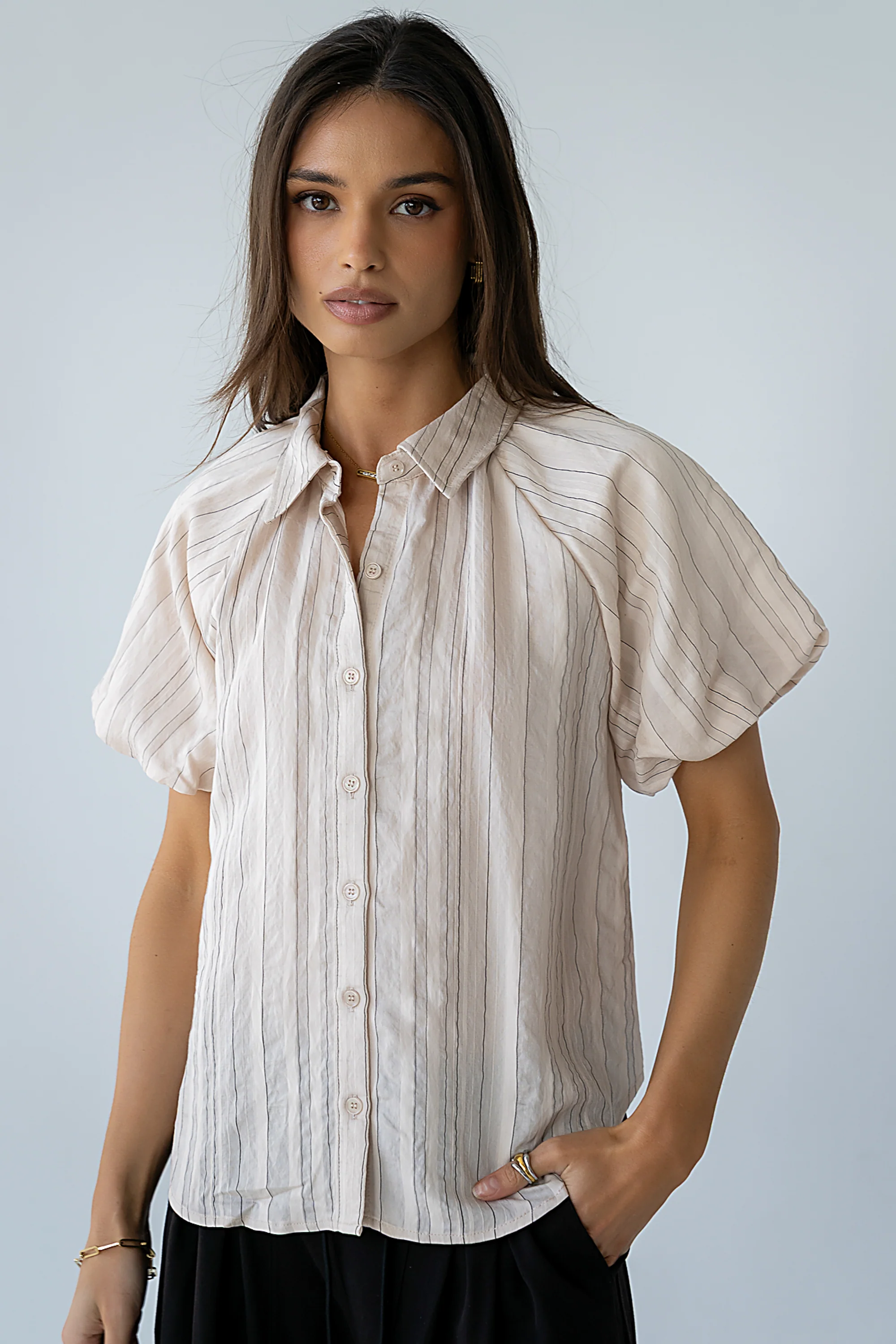 London Striped Button Up in Peach - Image 9