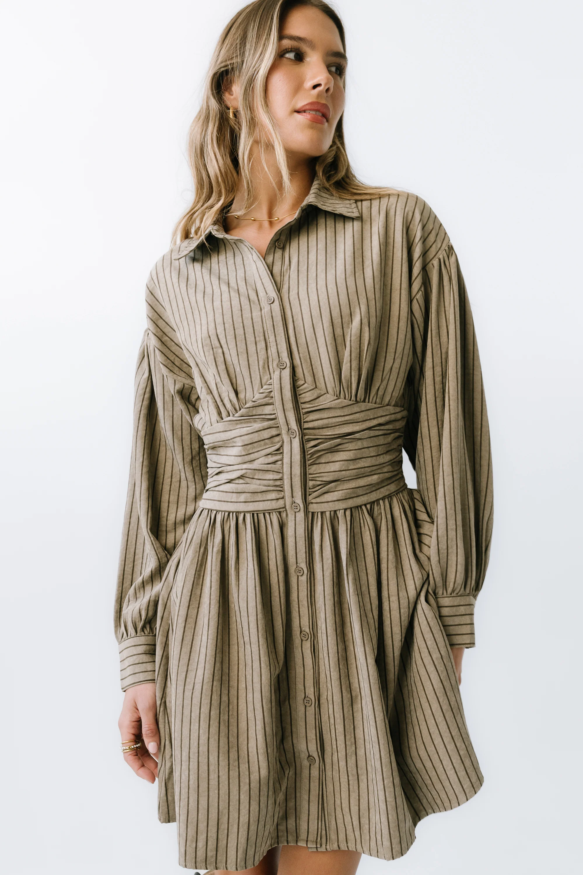 Lonnie Striped Mini Dress in Taupe - FINAL SALE - Image 2